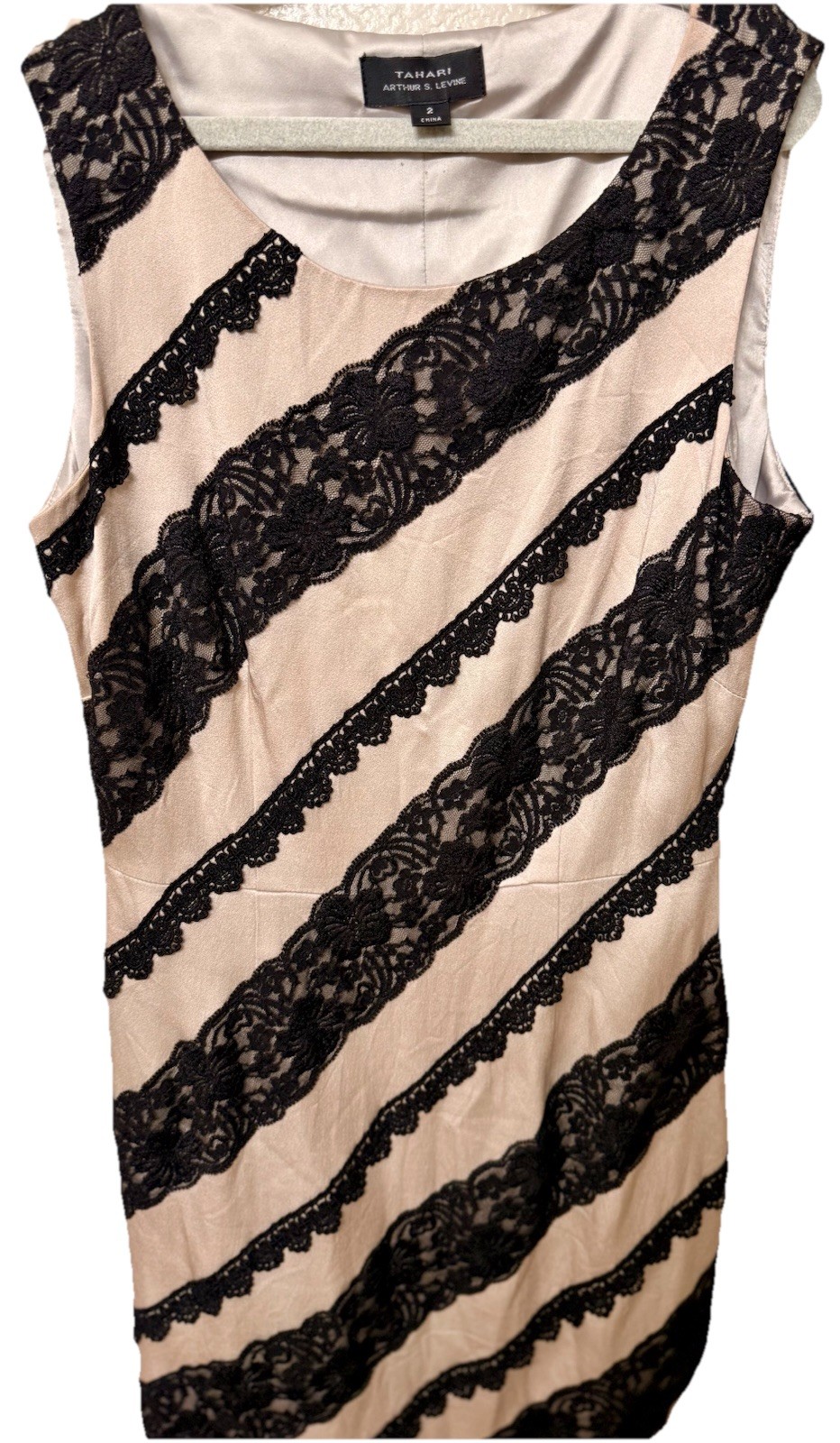 Vtg Tahari ASL Powder Pink W/Black Lace Strips Satin Lining Dress. Formal