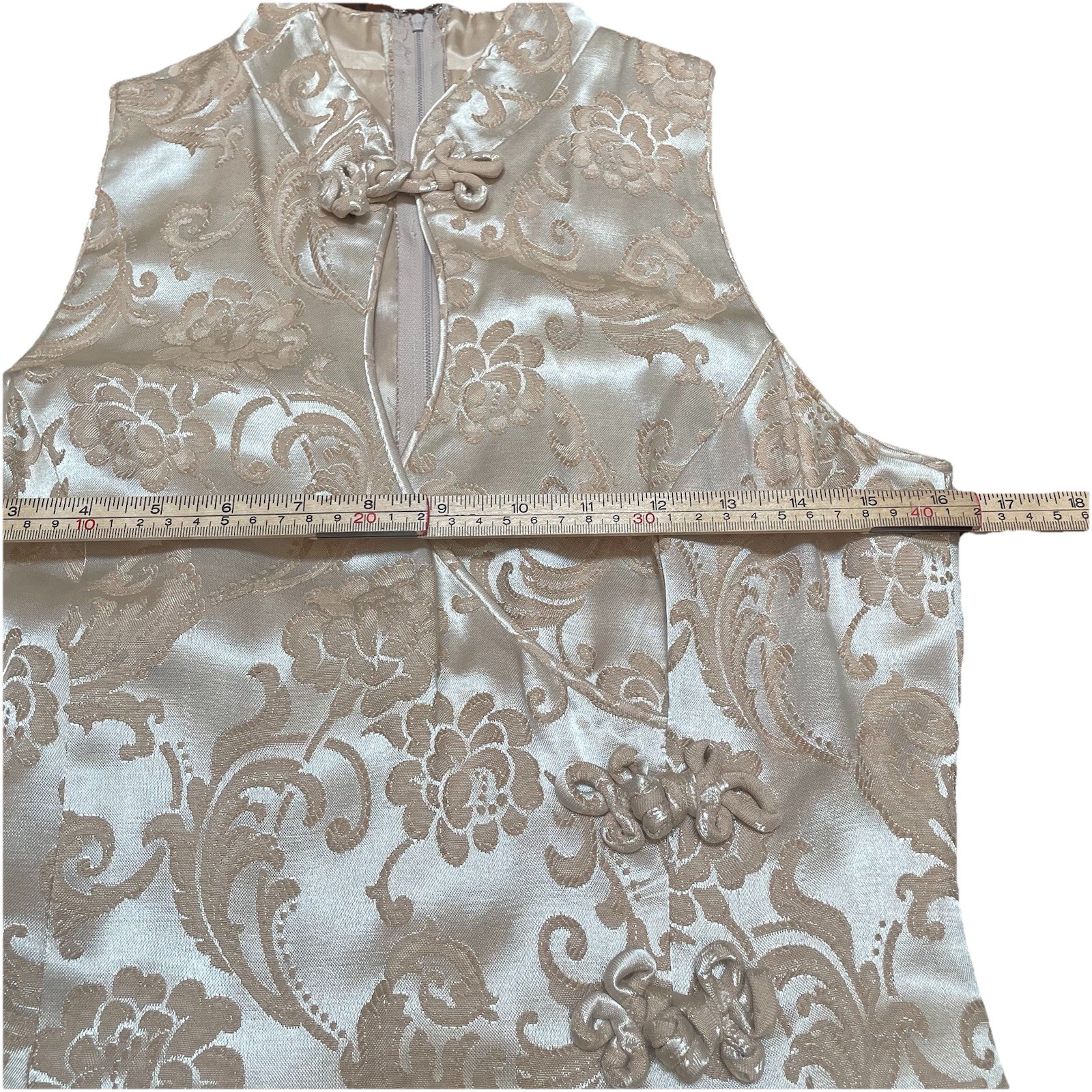 VTG 80s Niki Originals Brocade Cheongsam Maxi Gown Dress Gold Beige 14 Coquette