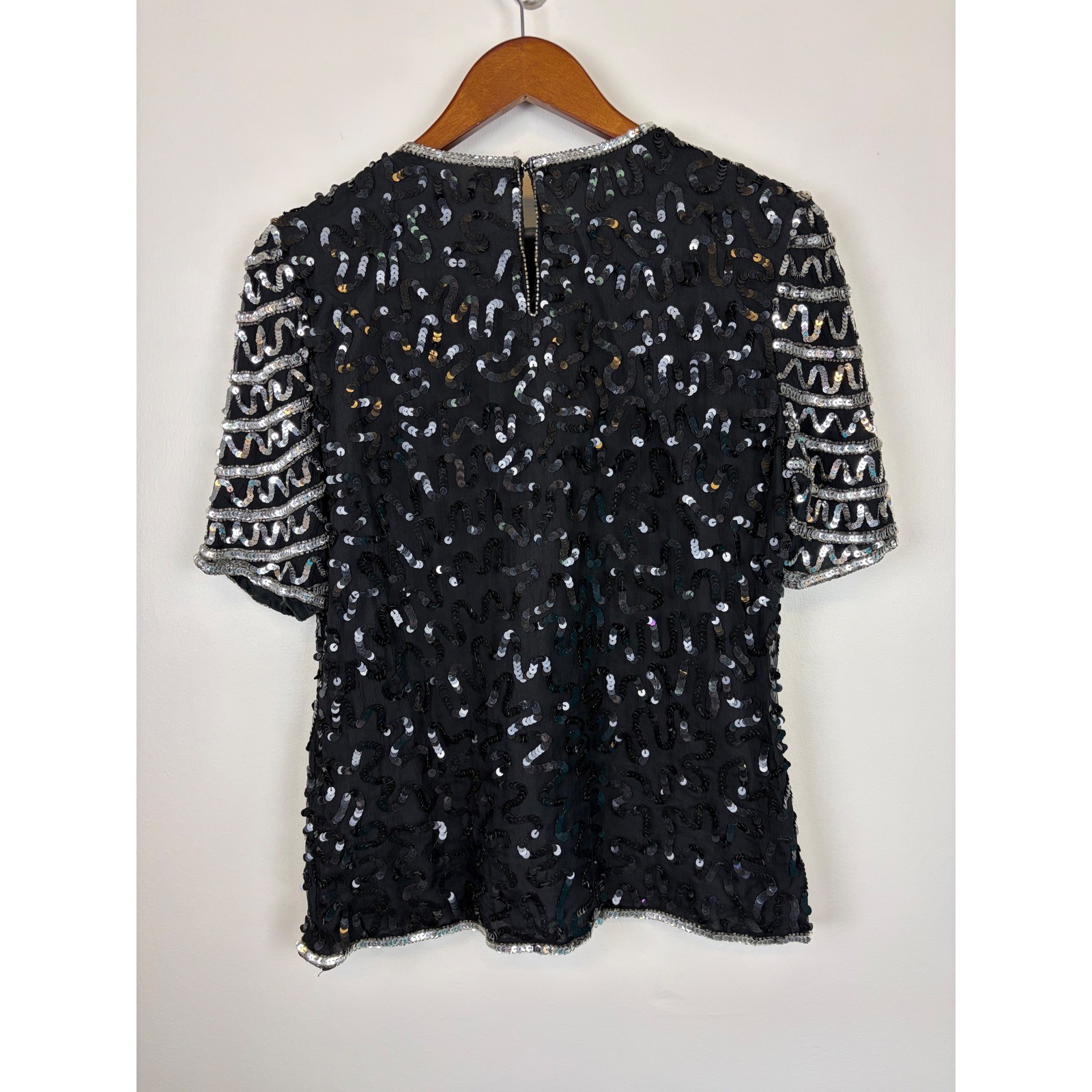 Laurence Kazar Sequin Top M Black Silver Vintage Beaded Silk Evening Party Glam
