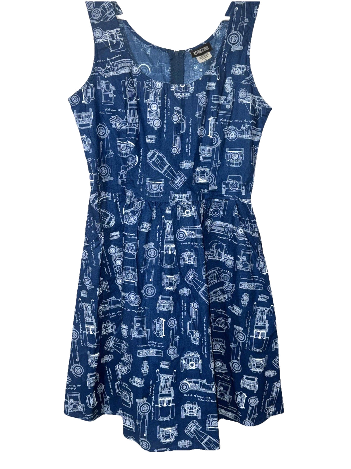 Vintage Retrolicious Sleeveless Dress Blue with Outline of Old Cars Size Small