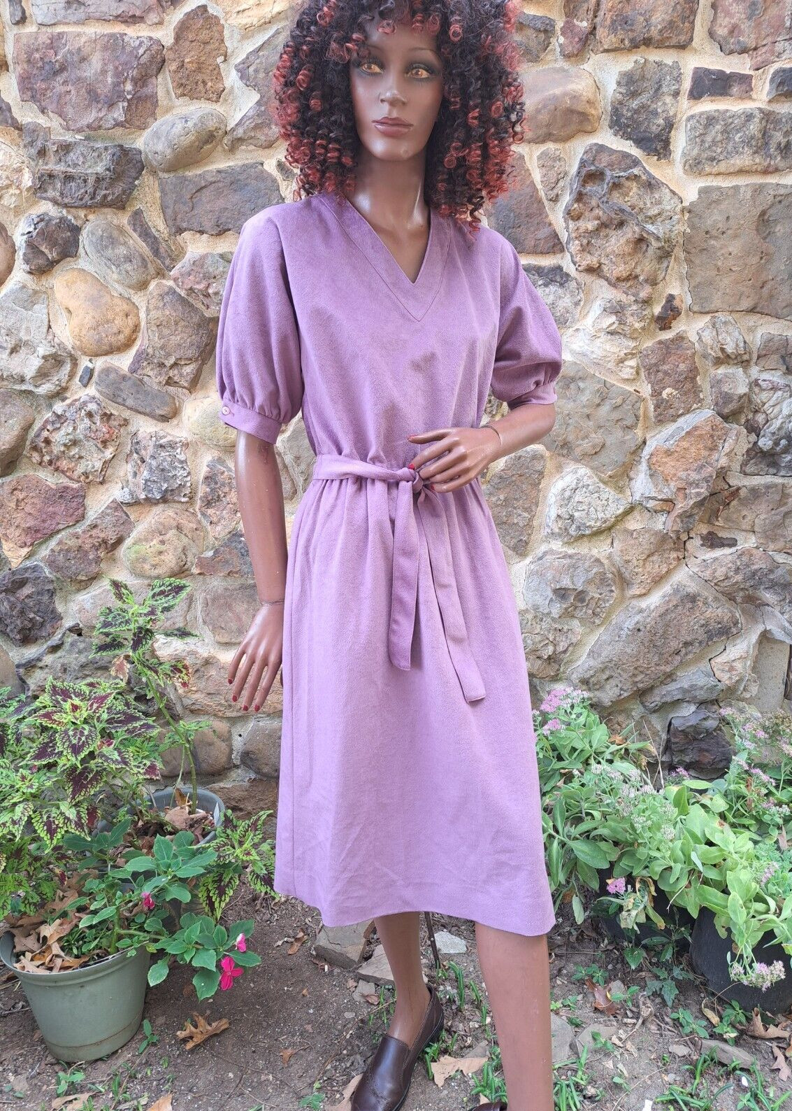 70s David Warren New York Faux Brush Suede Velour Plum Purple Dress Back Zip S/M
