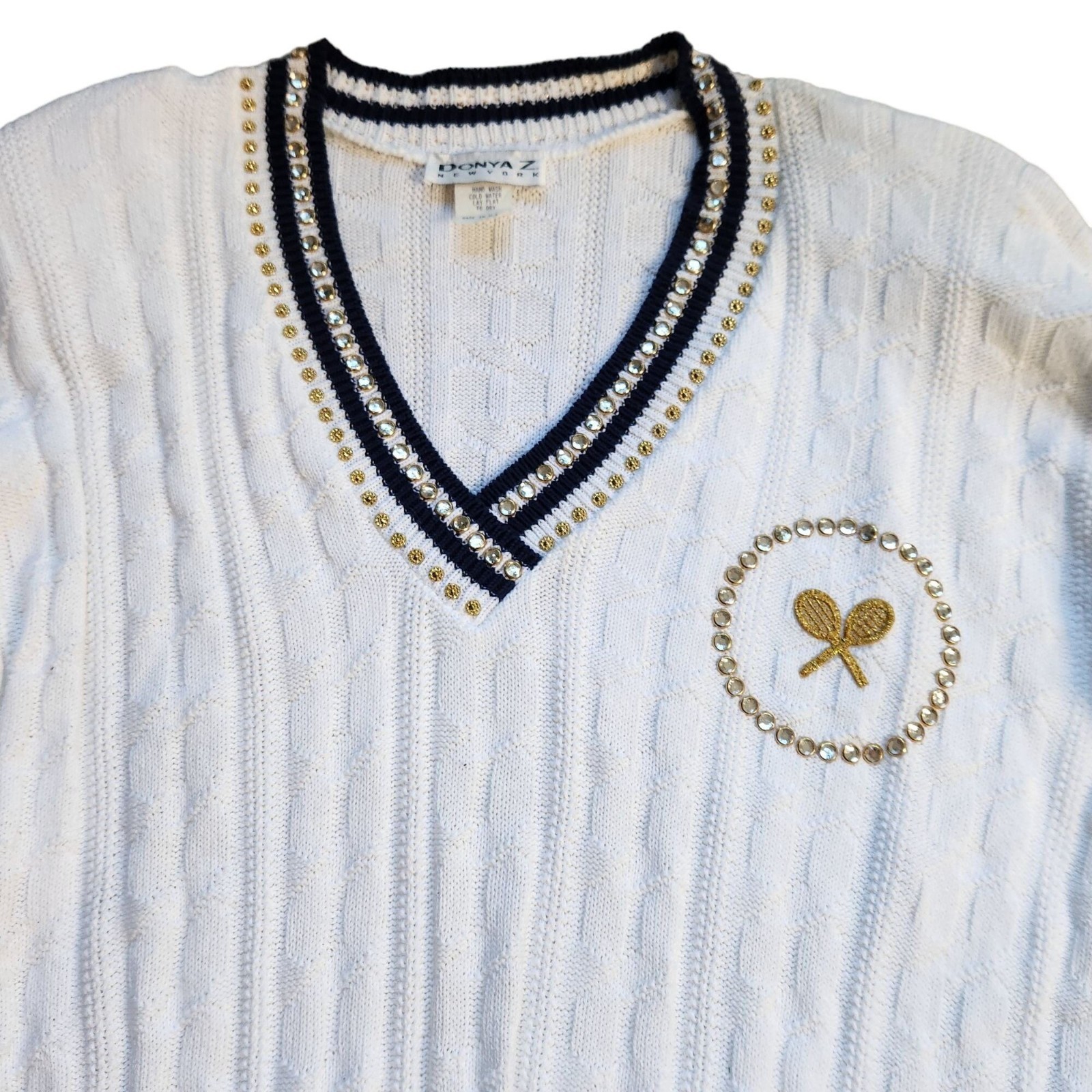 Vintage 60s 70s Preppy White Tennis Sweater M/L Retro V-Neck Embroidered Sequins