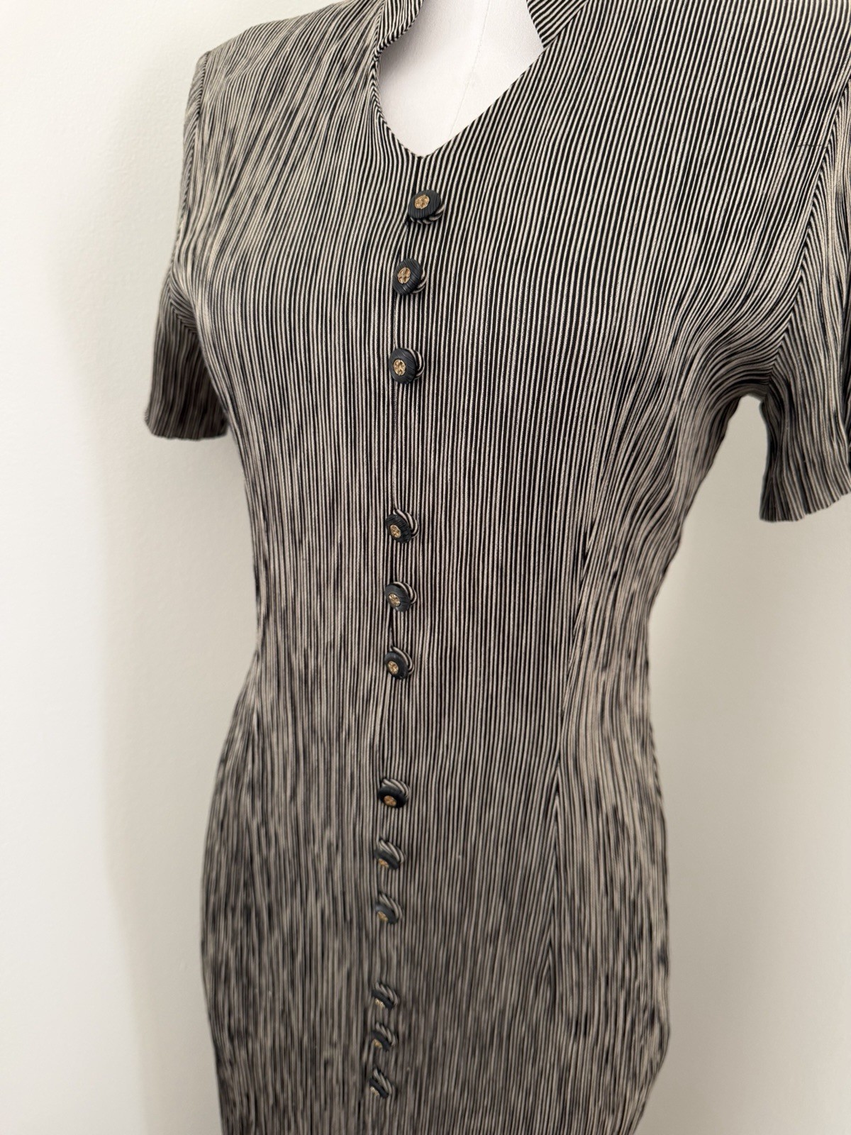 Vintage 90s Button Front Midi Dress Tan Gray