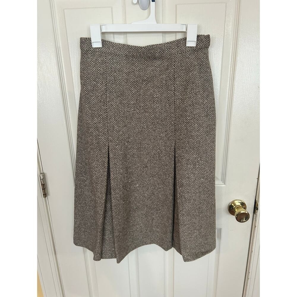St Michael Vintage Wool Herringbone Pleated Midi Skirt Brown Made in UK 14 27in