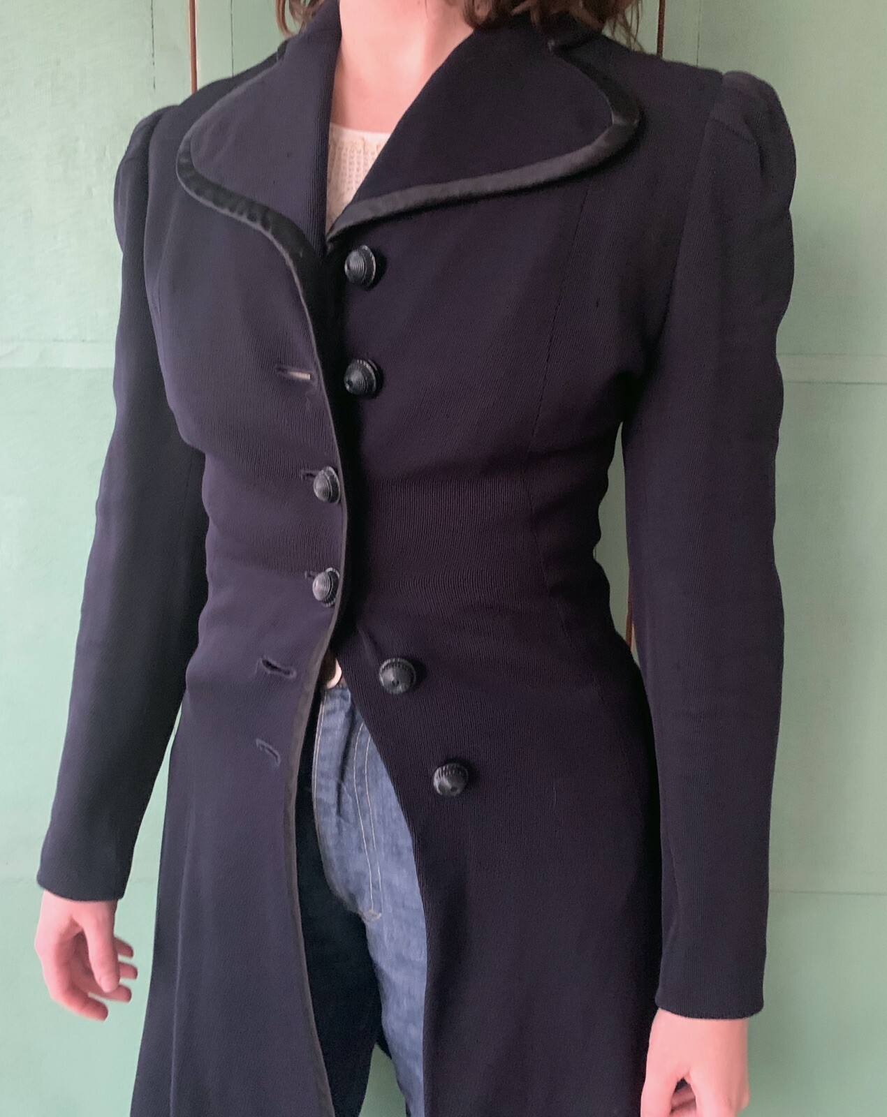Vintage 1940s Navy Blue Princess Coat Wool Rayon Celluloid Buttons Size XS