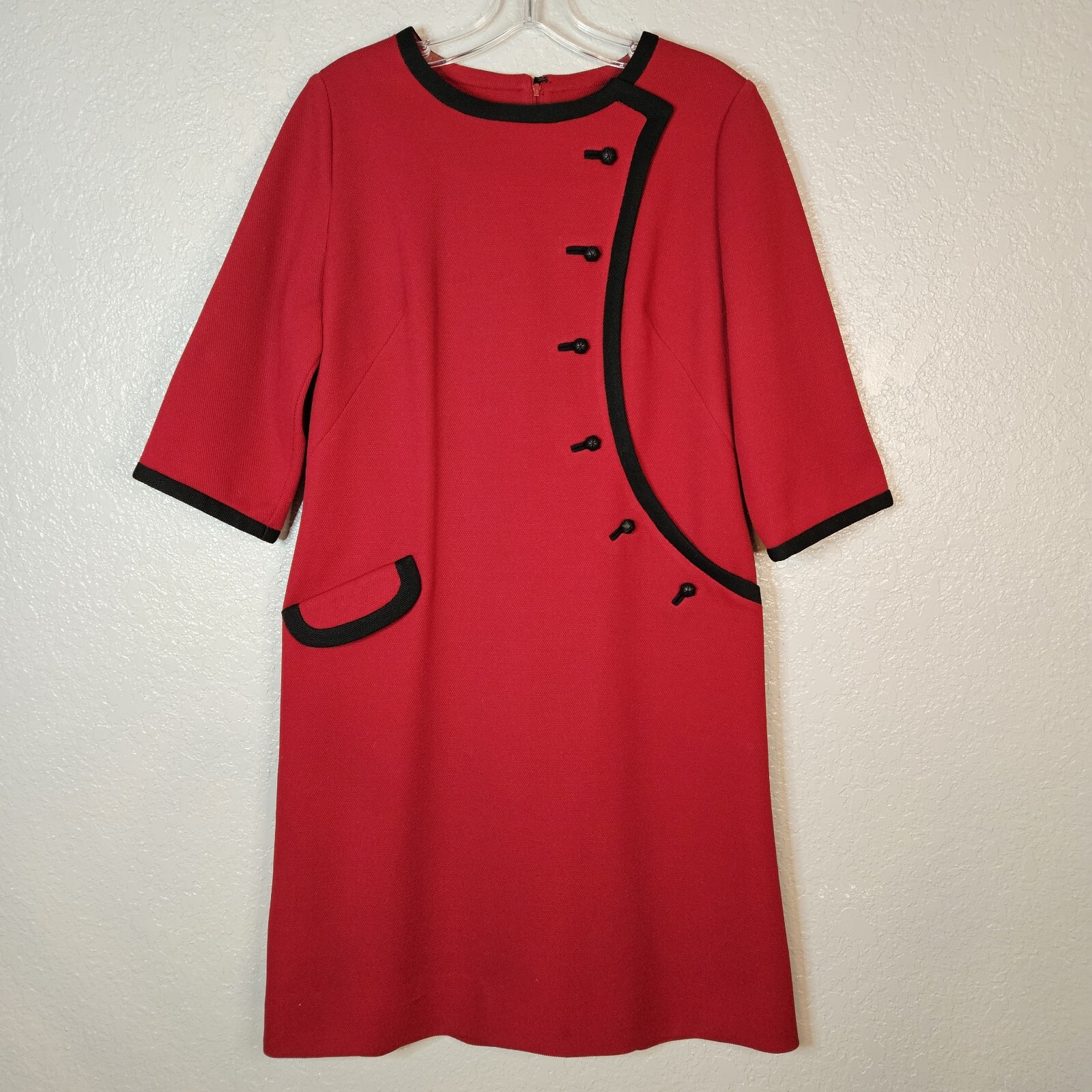 Vintage 60’s Lady Mendel Knits A-Line Dress Red w/ Black 36″ Bust 38″ Hip