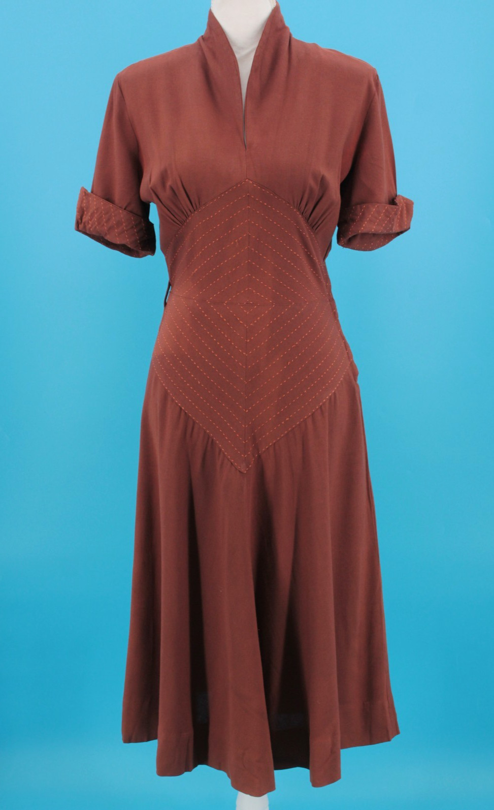 VTG Women’s 40s Brown A Line Dress W/ Decorative Waist Panel Sz S/M 1940s