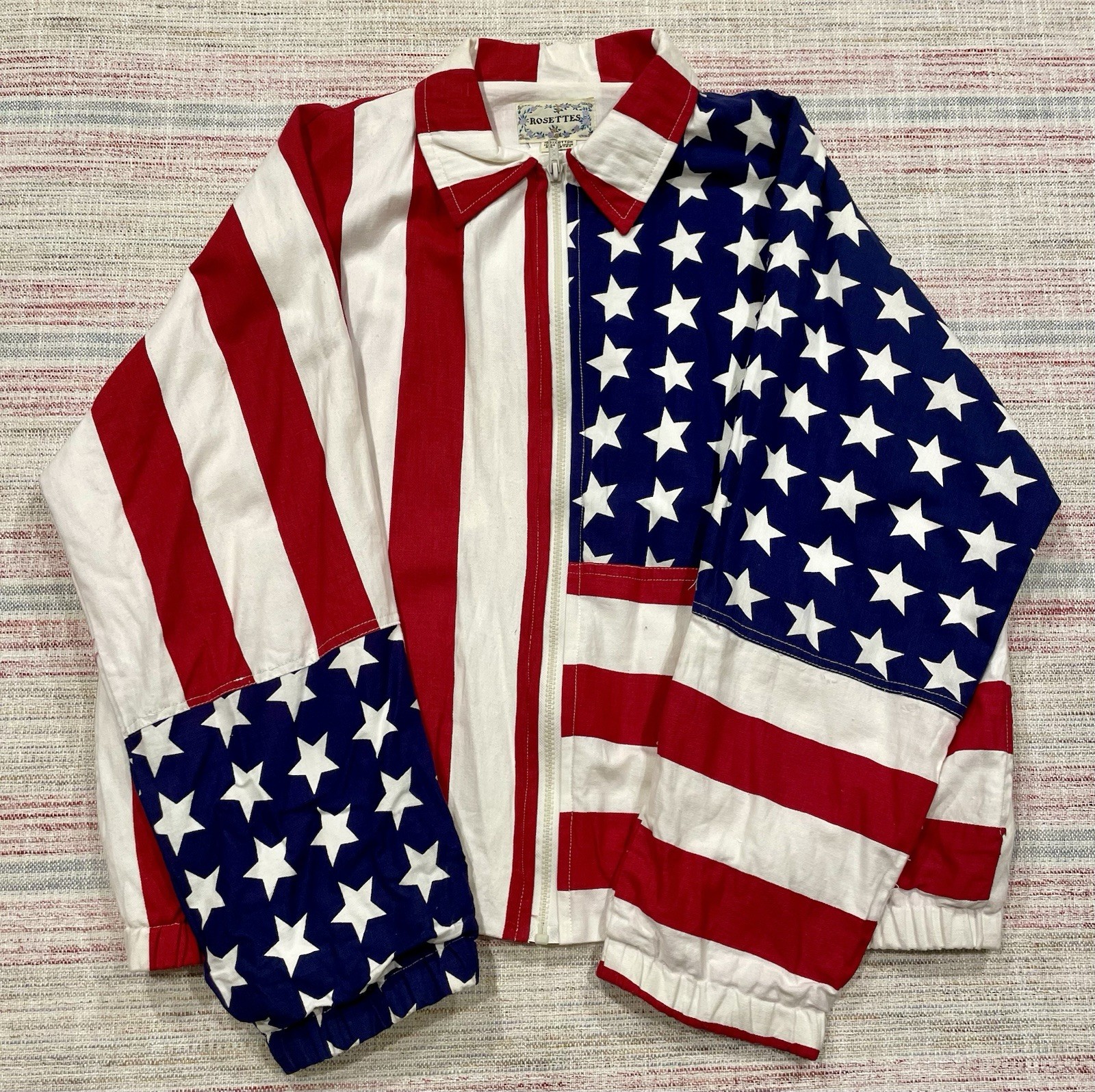 Vintage Rosettes USA American Flag Patriotic Stars Stripes Zip Jacket Coat Sz L