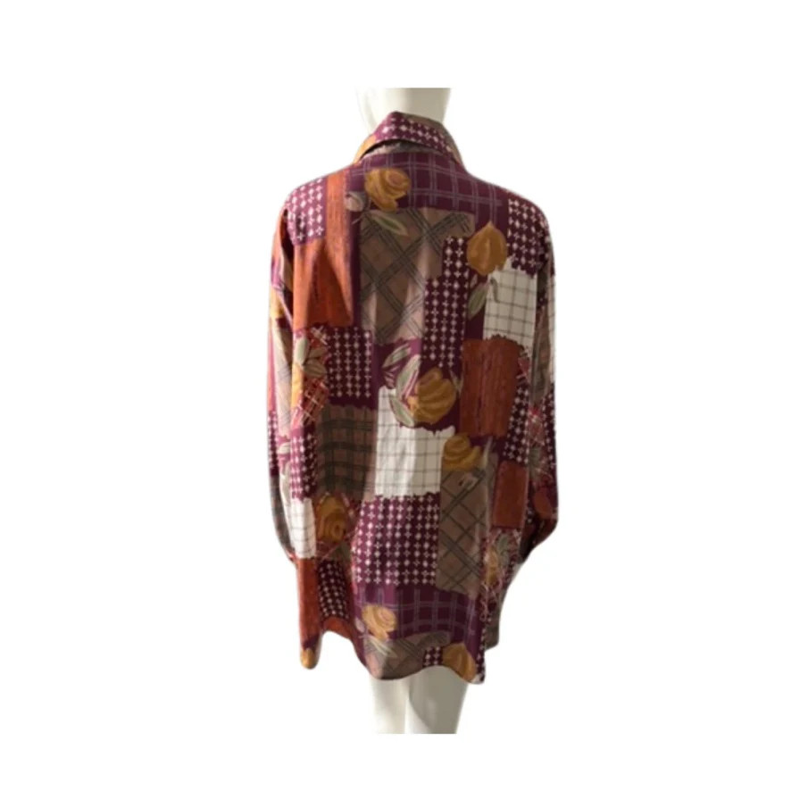 Patchwork Print Shirt Blouse Burgundy Multi Size 16 – Vintage