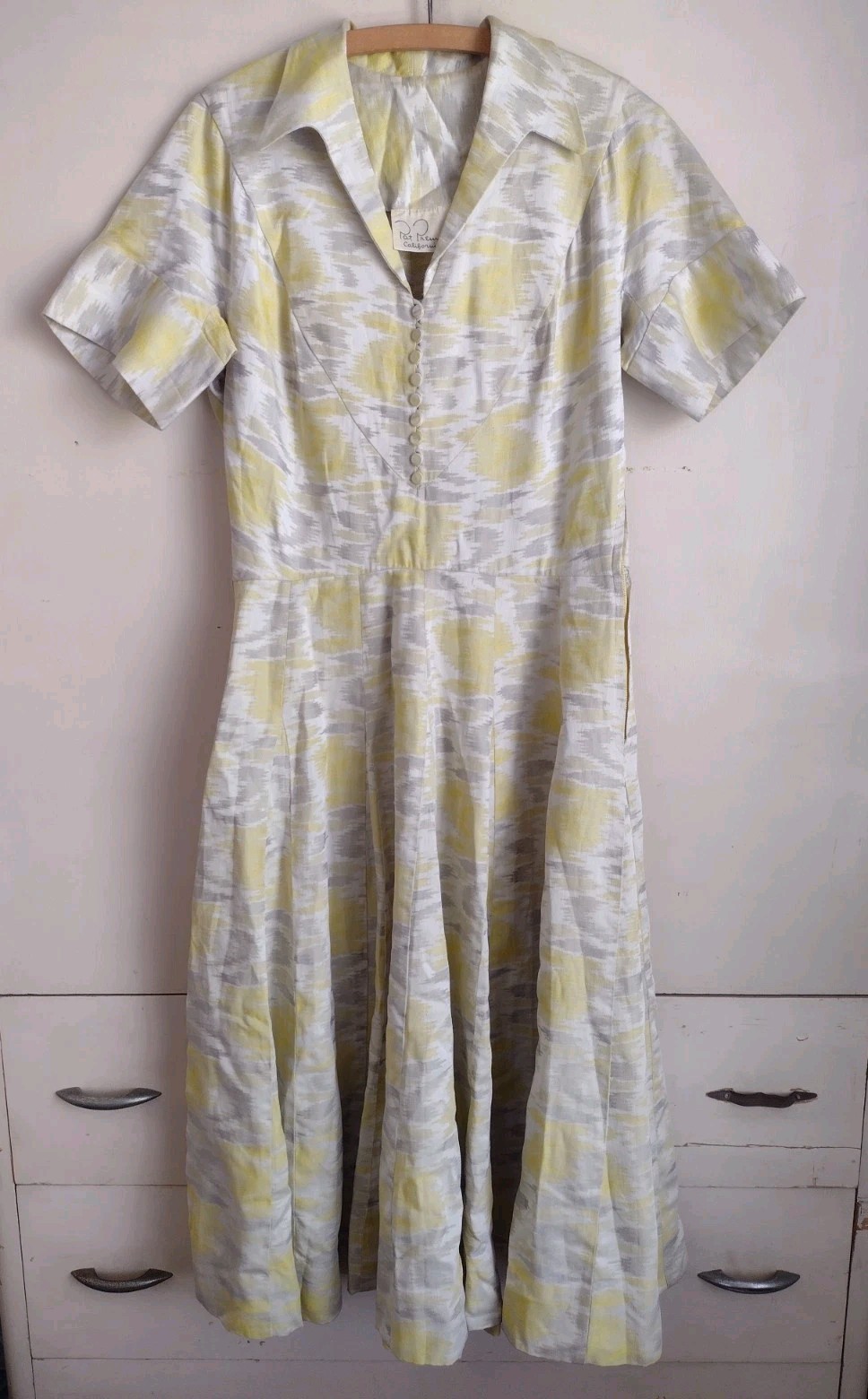 VTG Pat Premo Midi Dress Yellow Grey 50s 60s Cottage Full Skirt Mid Century MCM