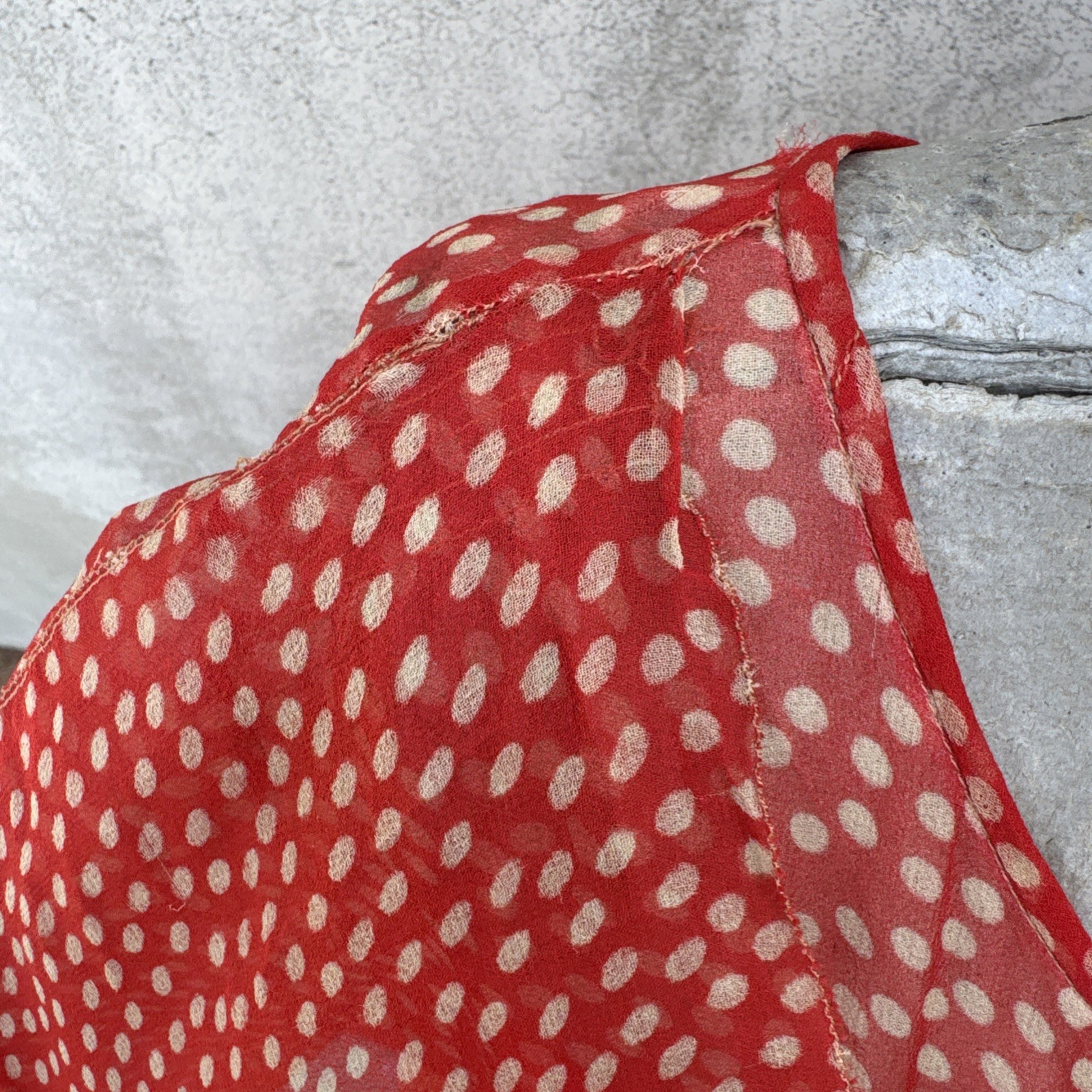 Antique 1920s Red Silk Chiffon Dress Polka Dot Asymmetrical Bow Marjone Vintage