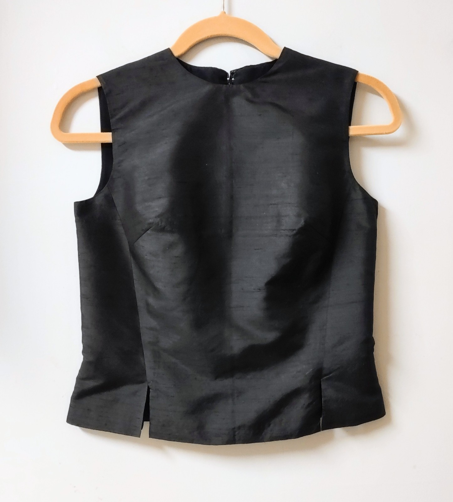 Vintage 60s Black Silk Shantung Cropped Notch Top Metal Back Zipper Sleeveless S