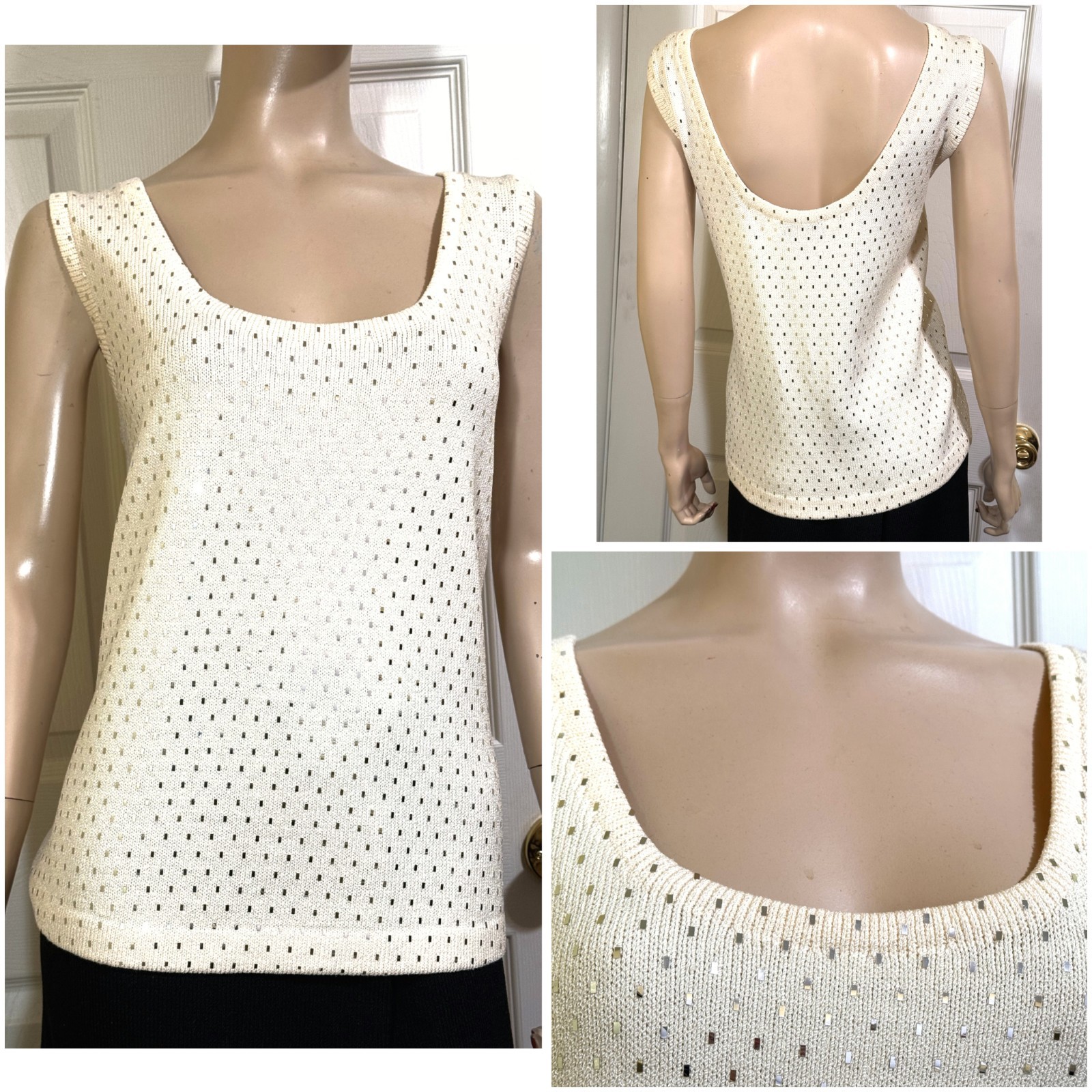 Nice St John Ivory Santana Knit Cami ~ Shell Covered in Paillettes sz 12 ~ L