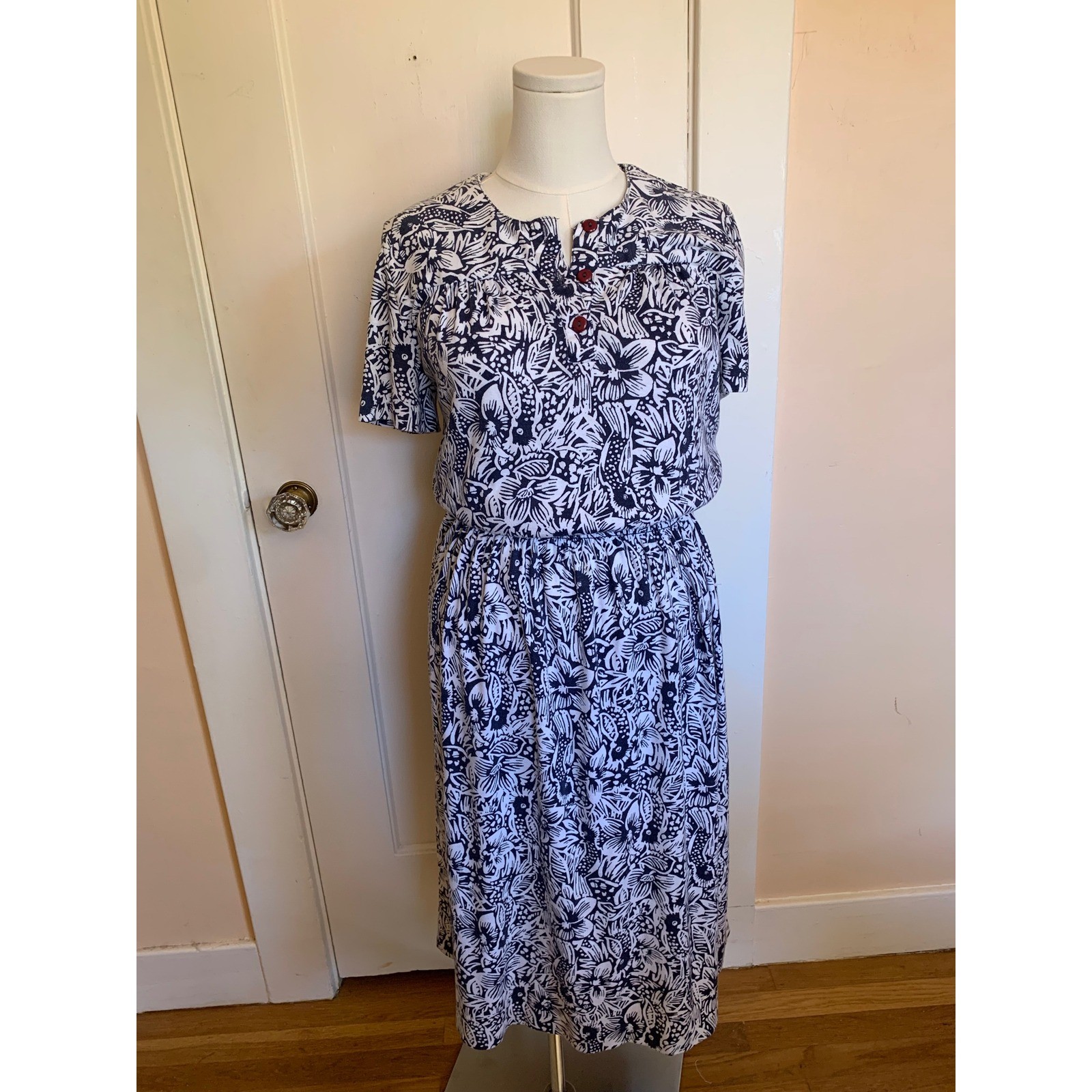 Virgo II Vintage 70s Floral Bird Print Midi Dress Blue White Union Made USA