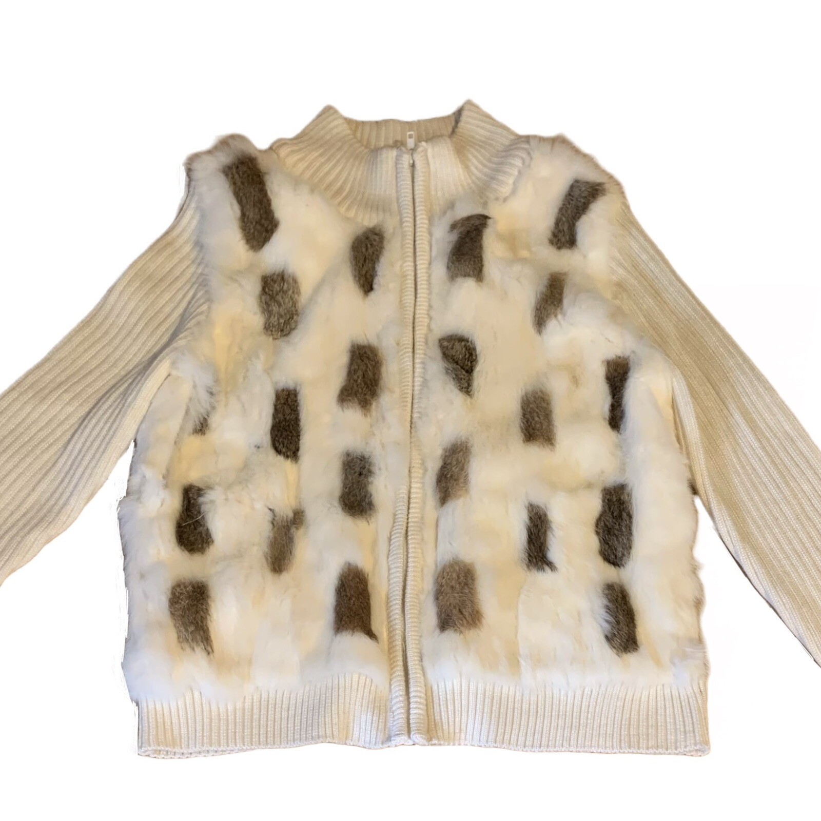 VINTAGE CIRCA 1990’S ROCHELLE CREAM KNIT & RABBIT FUR ZIPPER FRONT SWEATER SZ LG