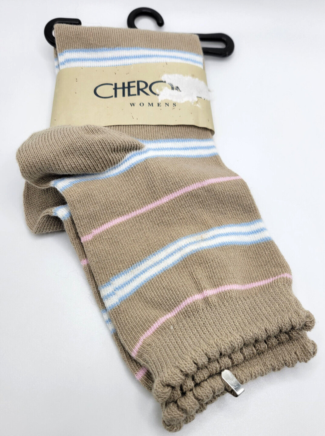 NWT New Old Stock VTG 2001 Cherokee Womens Tan/Pink/Blue/White Stripe Crew Socks