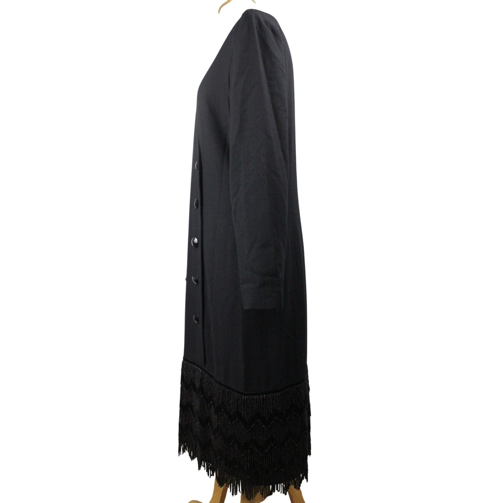 Vintage Pia Rucci Black Wool Beaded Fringe Dress 80s Double Breasted Size 10