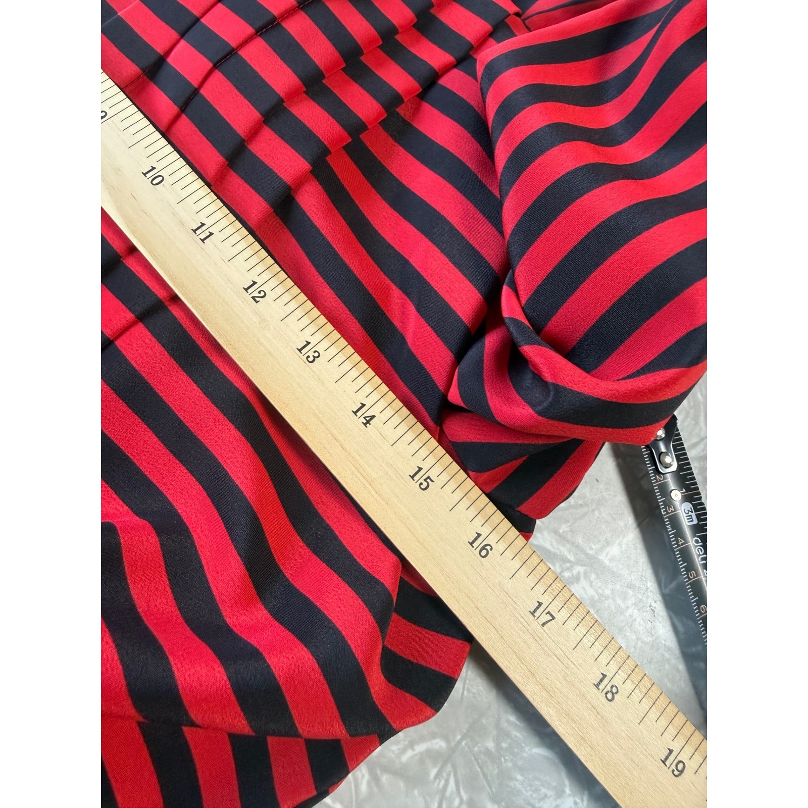JSJ Vintage 80s Red Black Striped Pleated Midi Dress Puff Sleeve Rockabilly