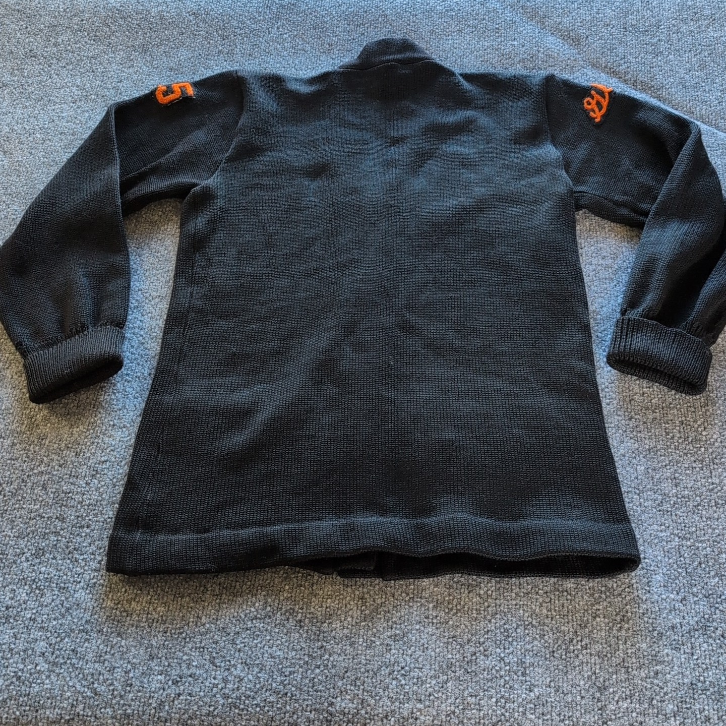 Vintage Varsity Letterman Sweater Black Orange Gloria Wells NV Womens Med 50/60s
