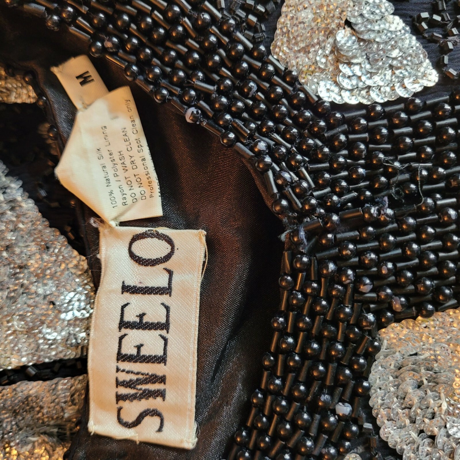 Vintage 80’s Sweelo Blazer M Silk Geometric Black Silver Metallic Sequin Beaded