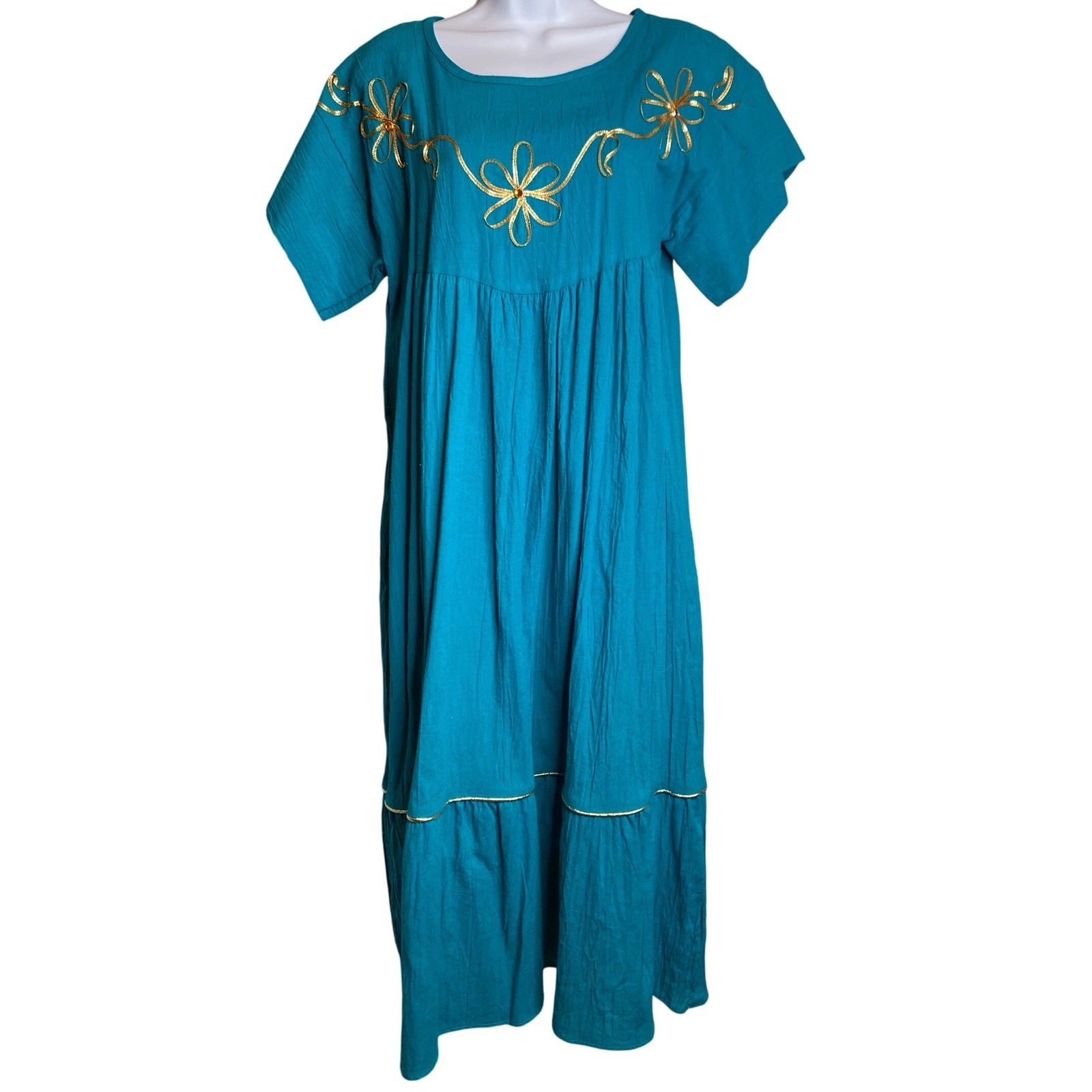 VTG 70s Womens Teal Embroidered Kaftan Housedress Est Sz M Mumu Golden Girls