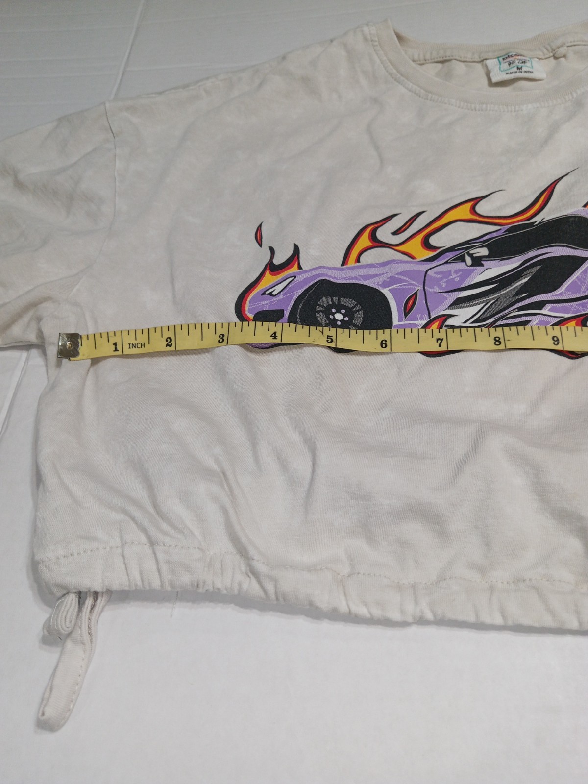 Y2K Race Car Flame Graphic Crop Top Womens Medium Tie Hem Streetwear Tee