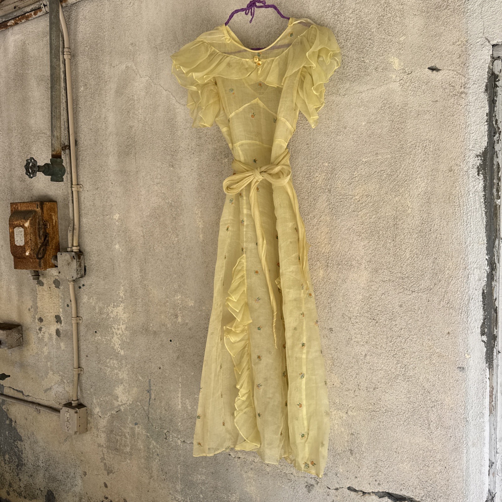 Vintage 1930s Sheer Yellow Organza Dress Embroidered Flowers Ruffle Bow Maxi