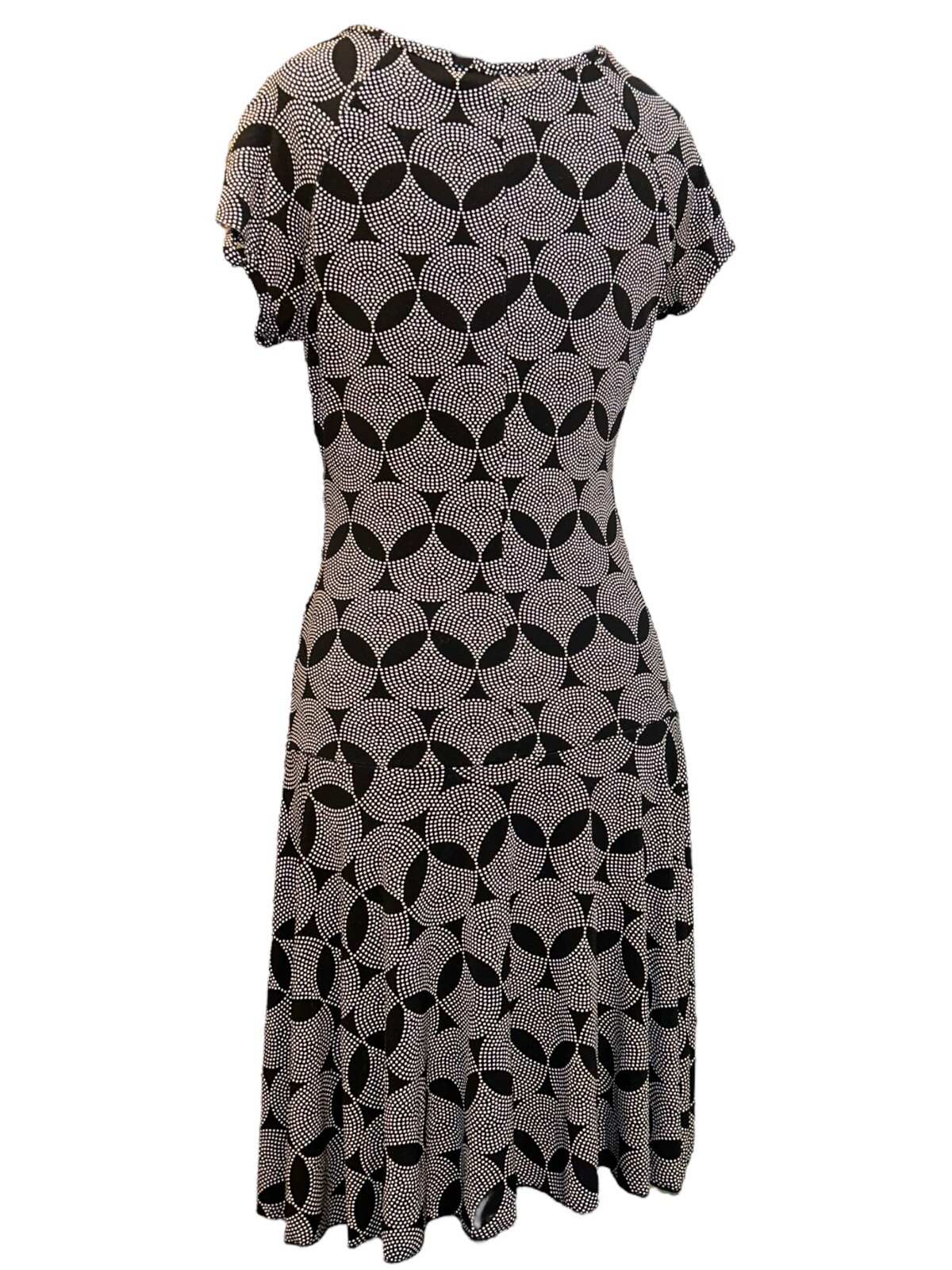 BCX V-Neck Cap Sleeve Ruching Bl/Wh Geo Print Short Faux Wrap Dress Women L VTG