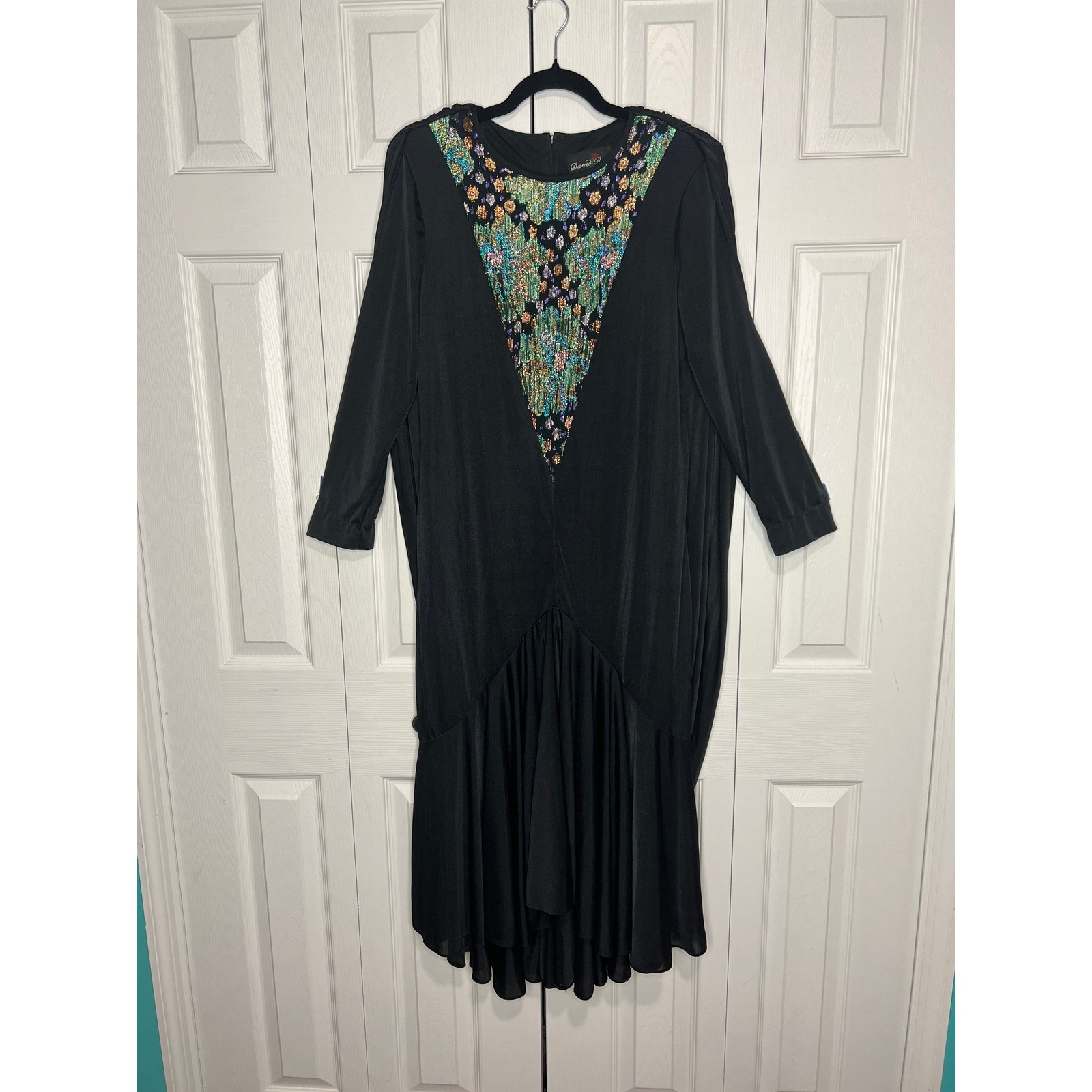 Vintage 80s Draped Back Dress Glam Goth Whimsigoth Black Lurex XL Oversized