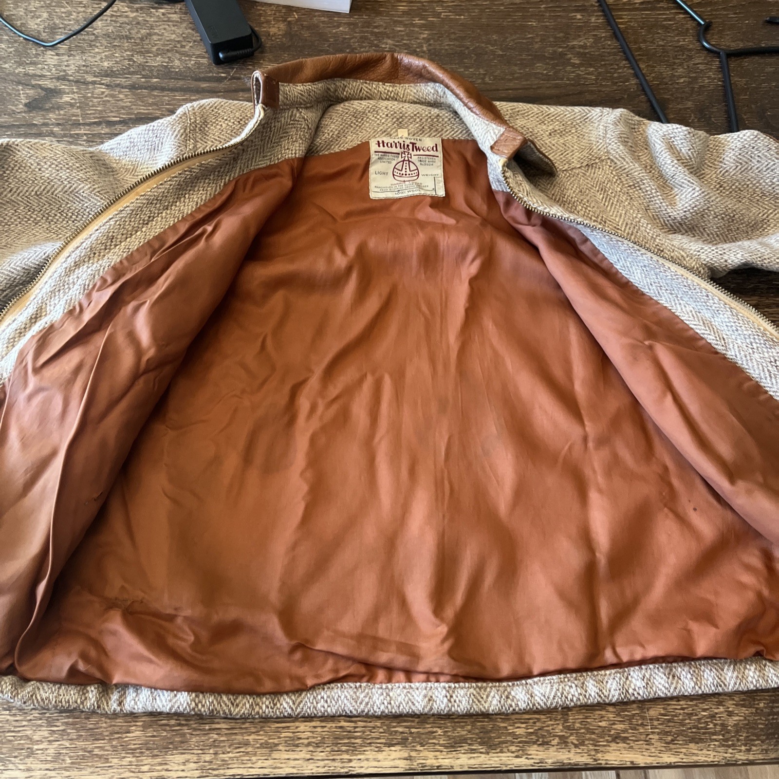 Vtg Harris Tweed Wool Jacket Size S Brown Leather Elbow Patch & Collar Zip READ