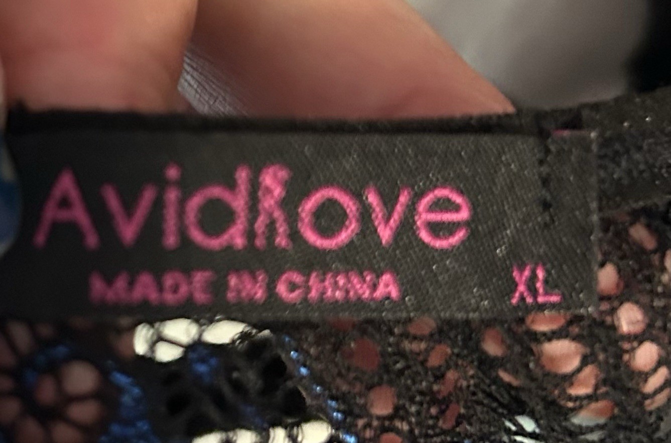 2PC Avidlove Black Lace Silky Sheer Blue Trim Bra & Panties XL NOS