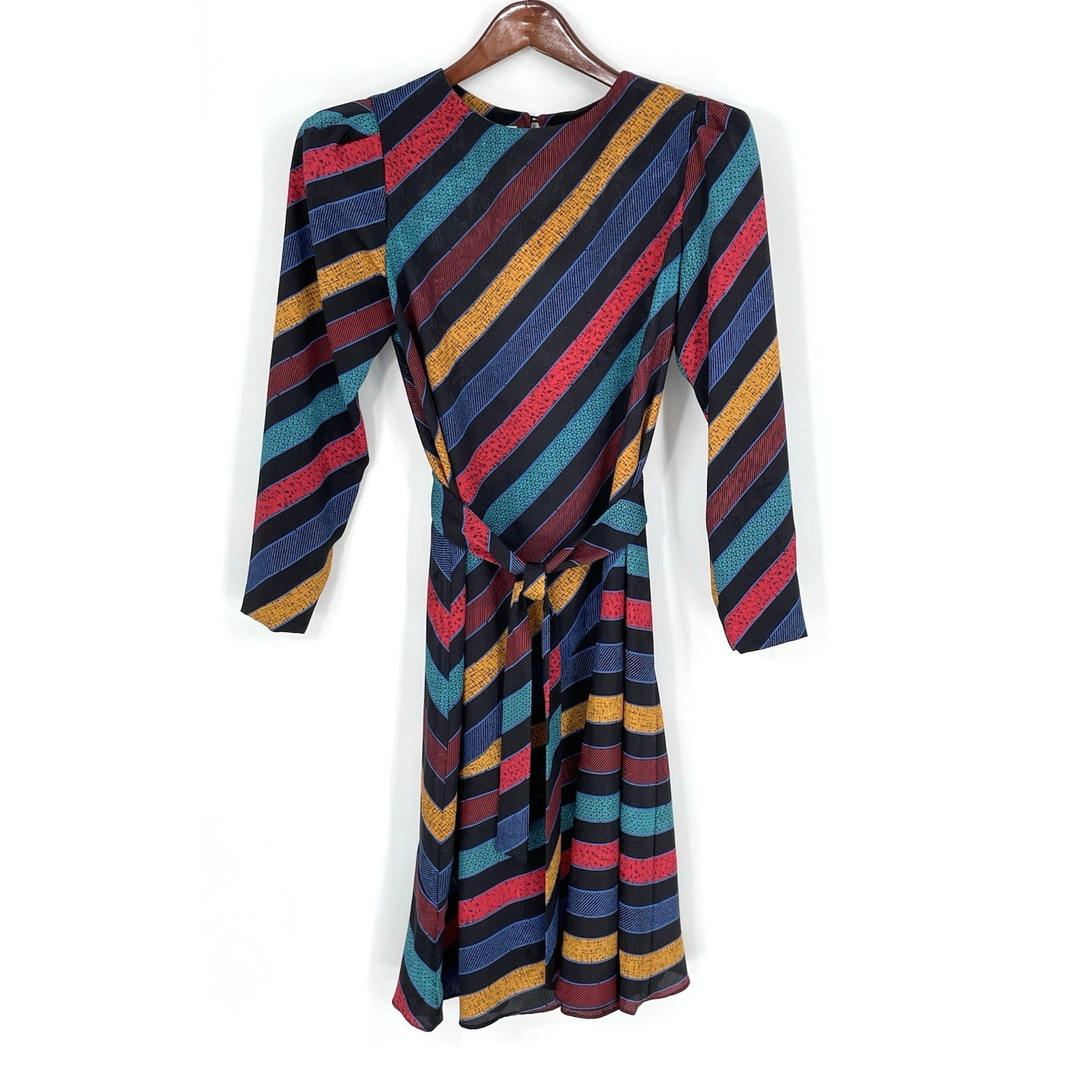 Excellent Leslie Fay Womens Dress 10 Midi Multi Color Stripe Vintage Puff Sleeve
