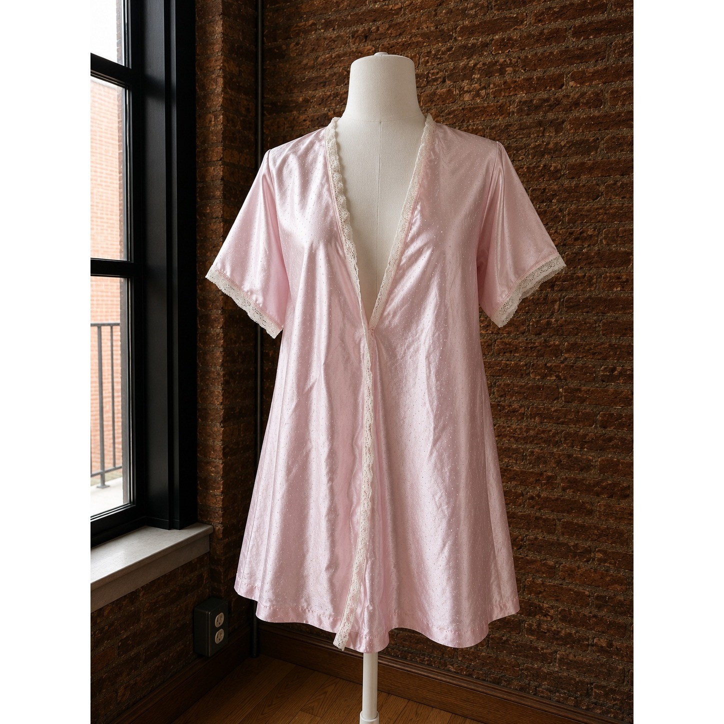 Vintage Pink Satin Polka Dot Lace Trim Short Robe Retro Coquette Medium