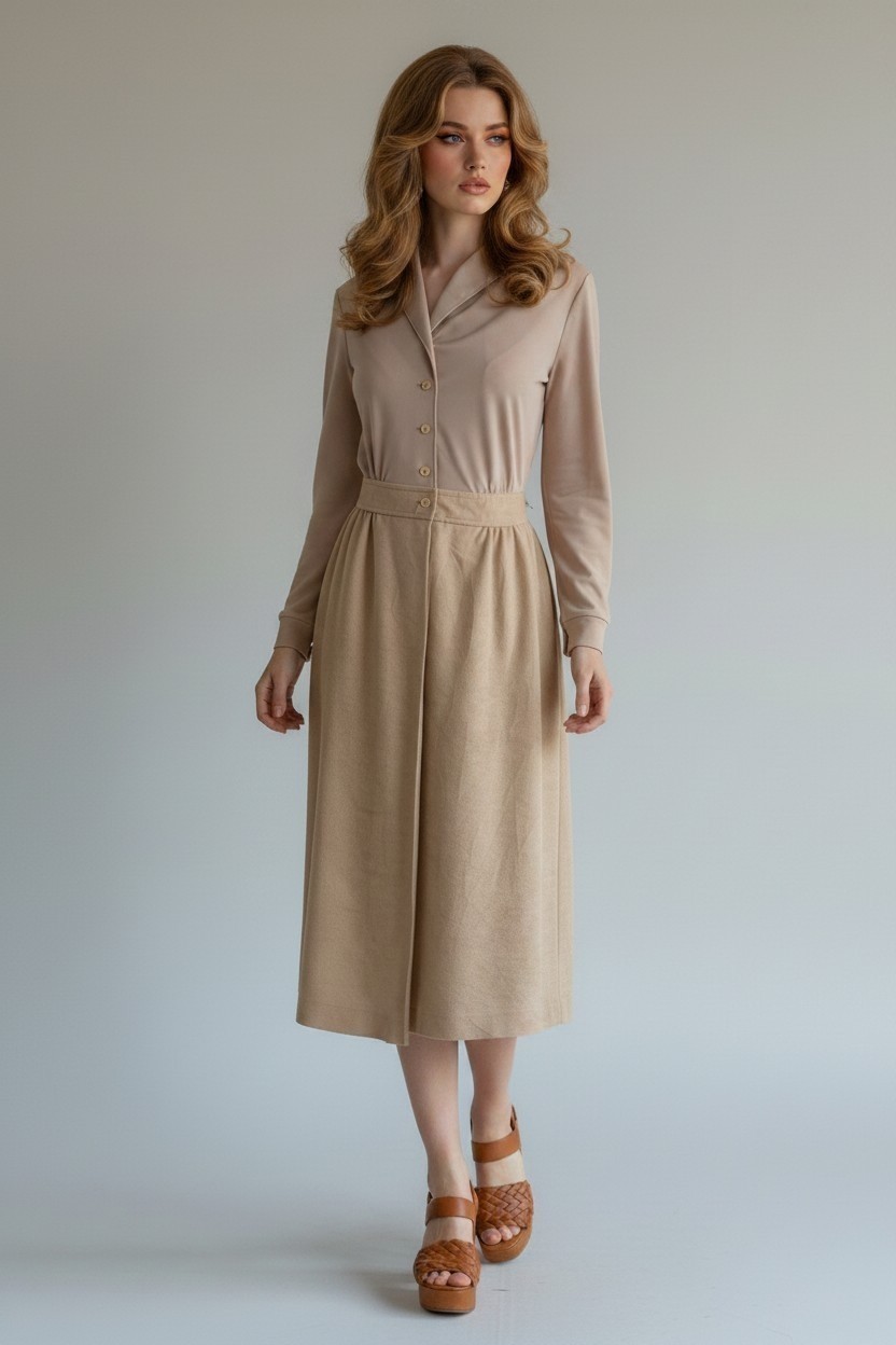 Vintage 70s Route One Tan Shirt Dress Long Sleeve Midi Skirt Womens- Small