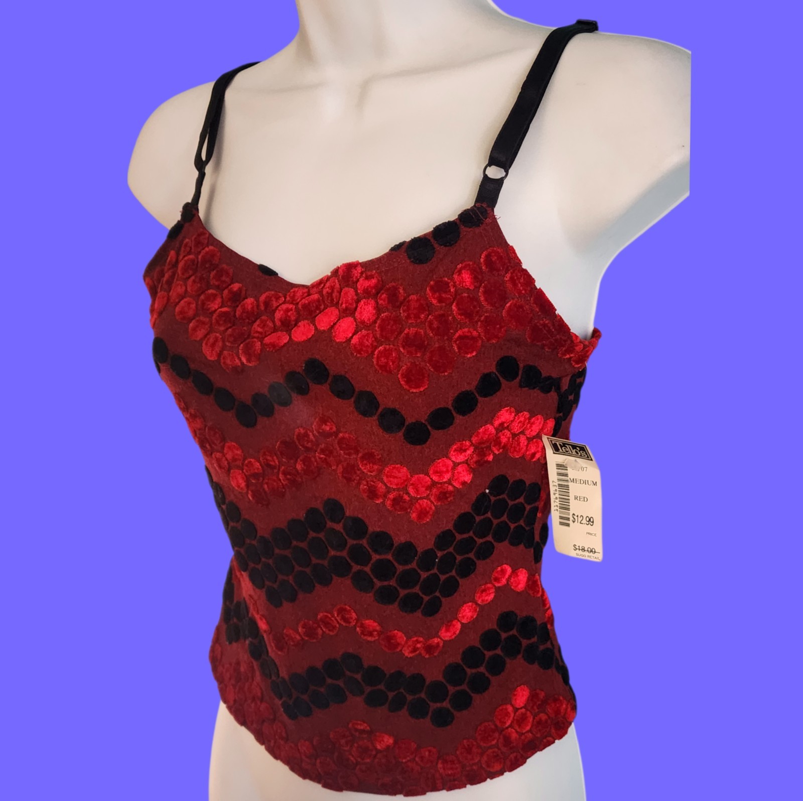 VINTAGE 90’s SHE’S Red Mesh Velvet PolkaDot Tank Top NWT