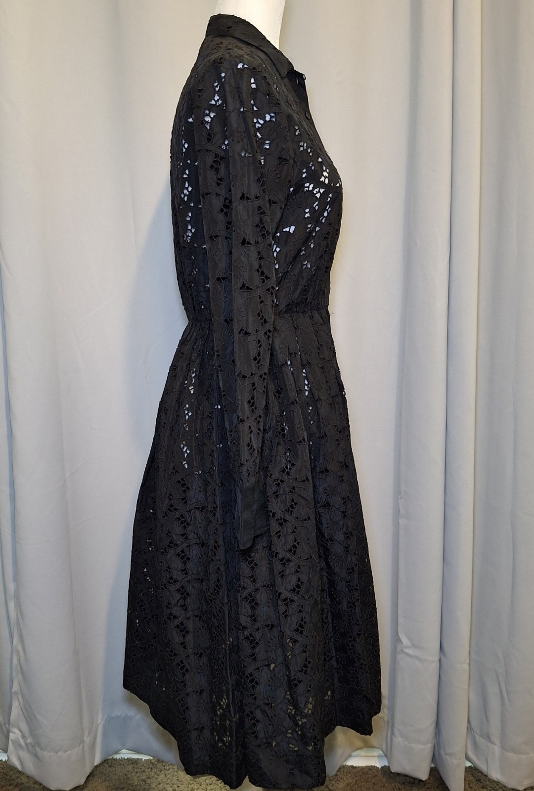 Vintage Black AFL CIO Union Made Lace Dress Classic Cinched Waist Flared Skirt