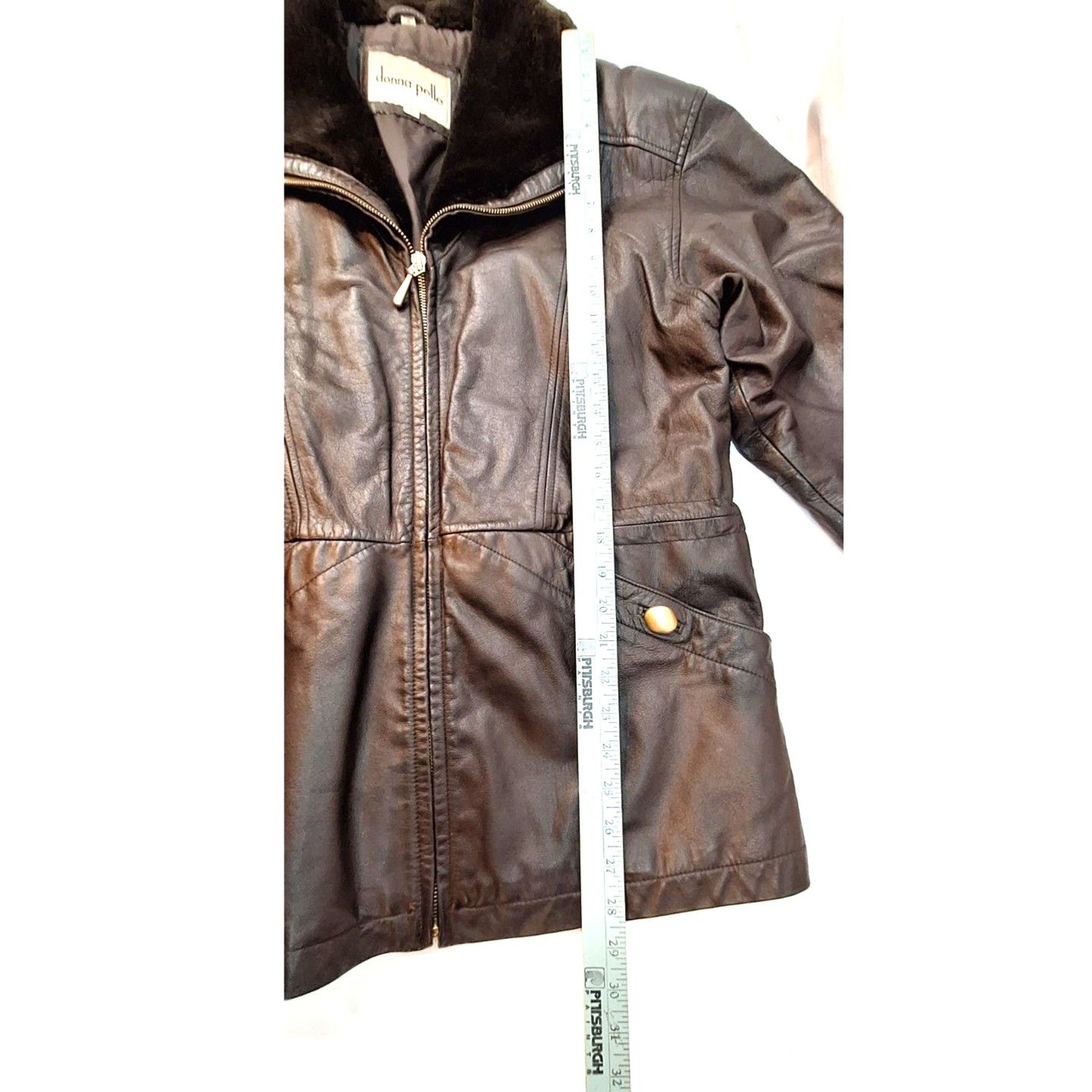 Donna Pelle Vintage Brown Leather Coat Faux Fur Collar Size S