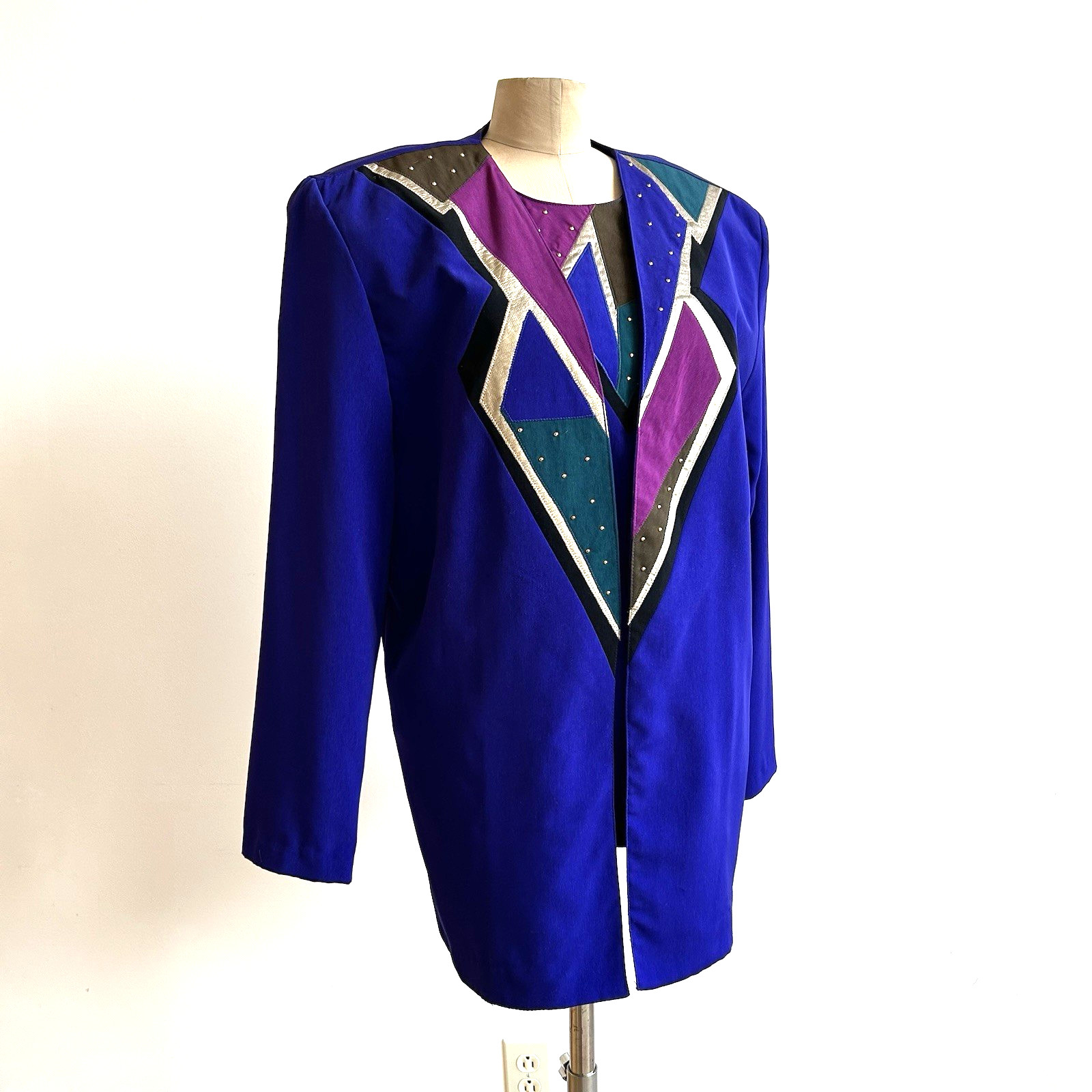 Vintage 80s City Girl 3 Piece Suit Embroidered Patchwork Jacket Blouse Pants M
