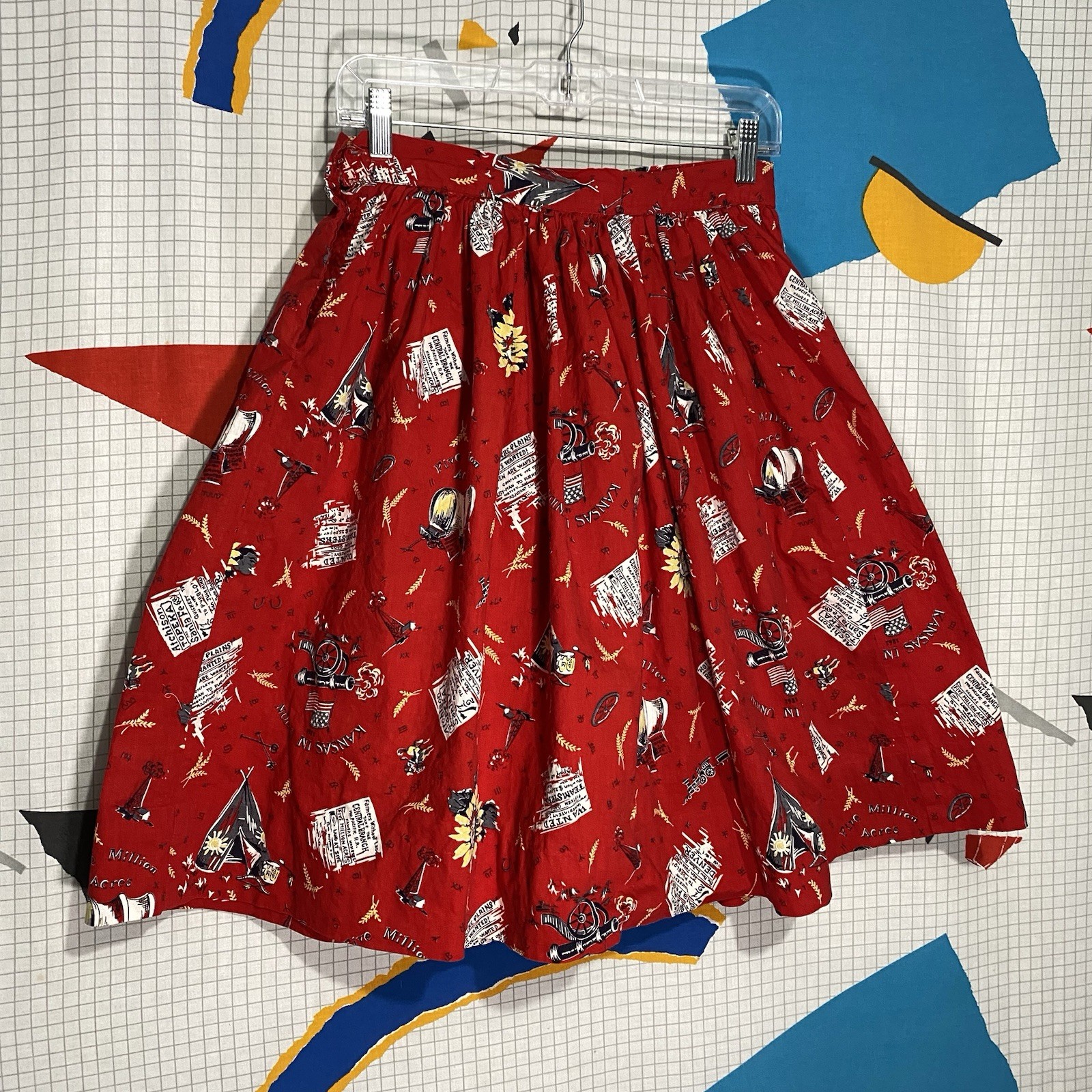 Vintage 50s Novelty Print Skirt Art Santa Fe Railroad Travel Rockabilly Western