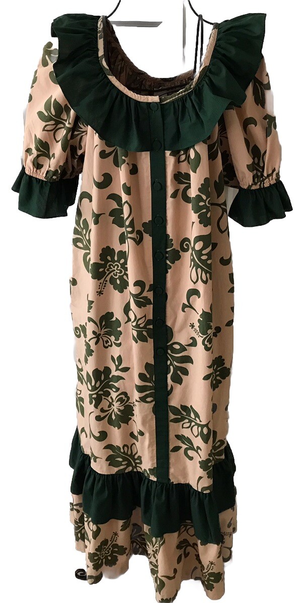 Vintage Lucky You Hawaii Pink Beige & Green Ruffle Hem Puff Sleeve Maxi Dress 2X