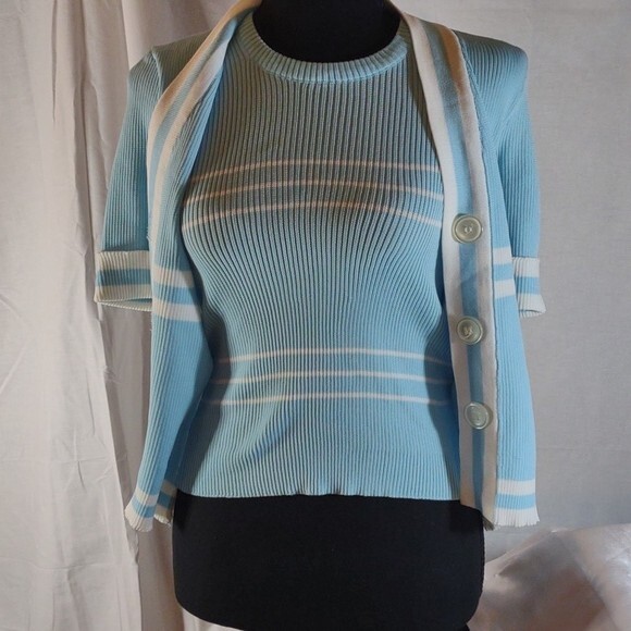 Vintage 70’s Light Blue w/White Stripes Short Sleeve Cardigan w/ Faux Tank – M