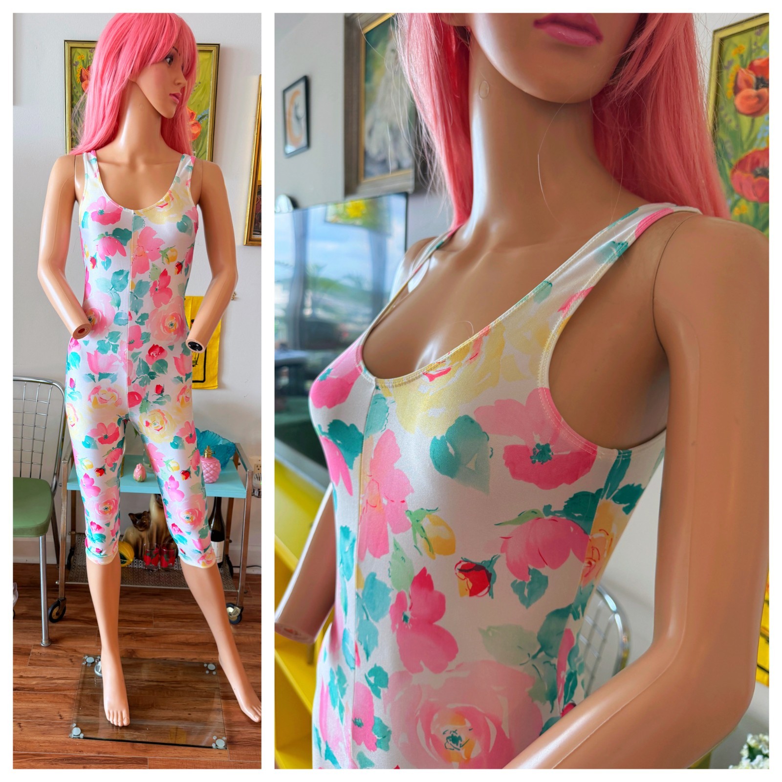 🌸 Vintage 80s Made in USA Floral Pastel Capri Leotard Spandex Jumpsuit M