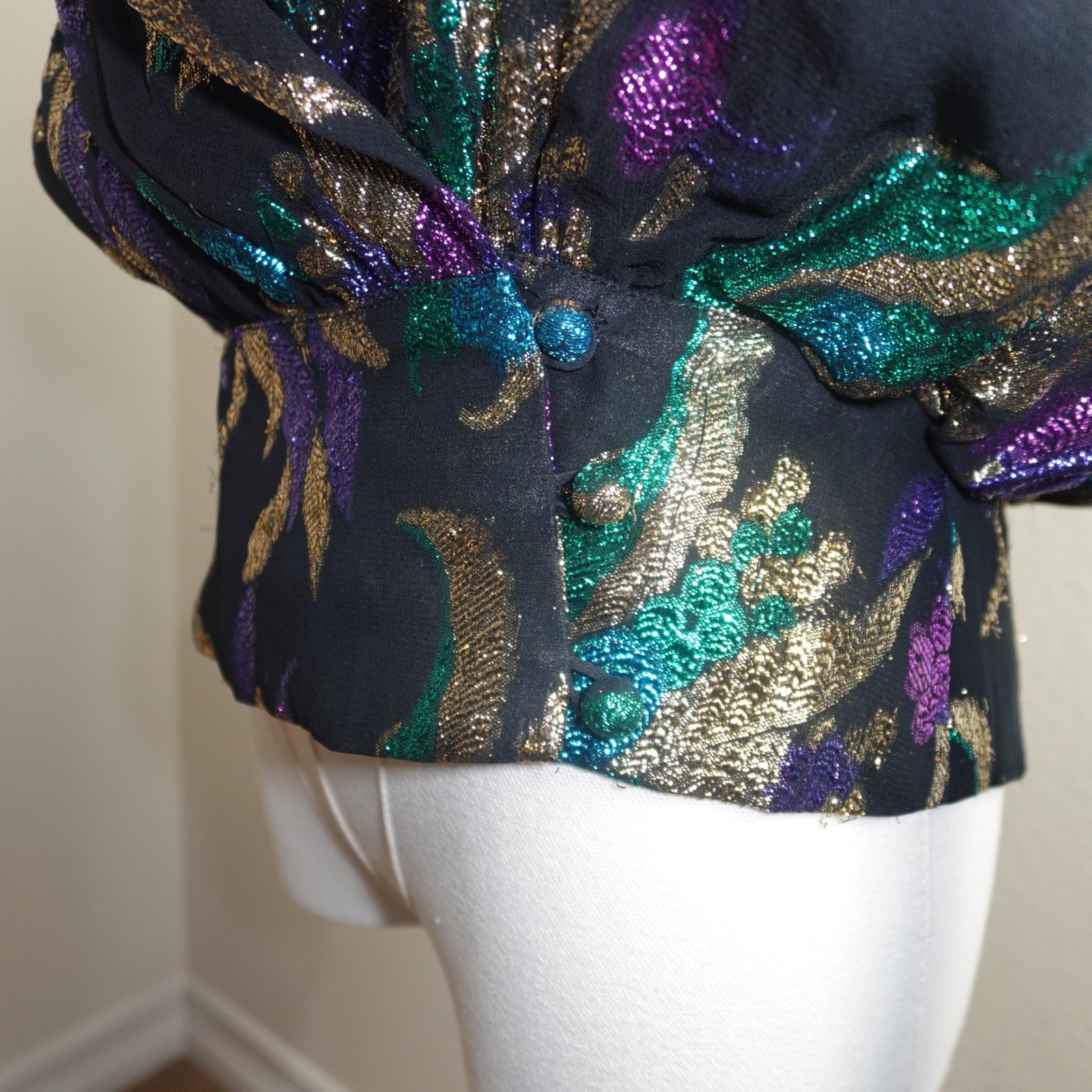 Vintage Anne Klein Black Metallic Abstract Blouse Purple Teal Gold Glam Top 80’s