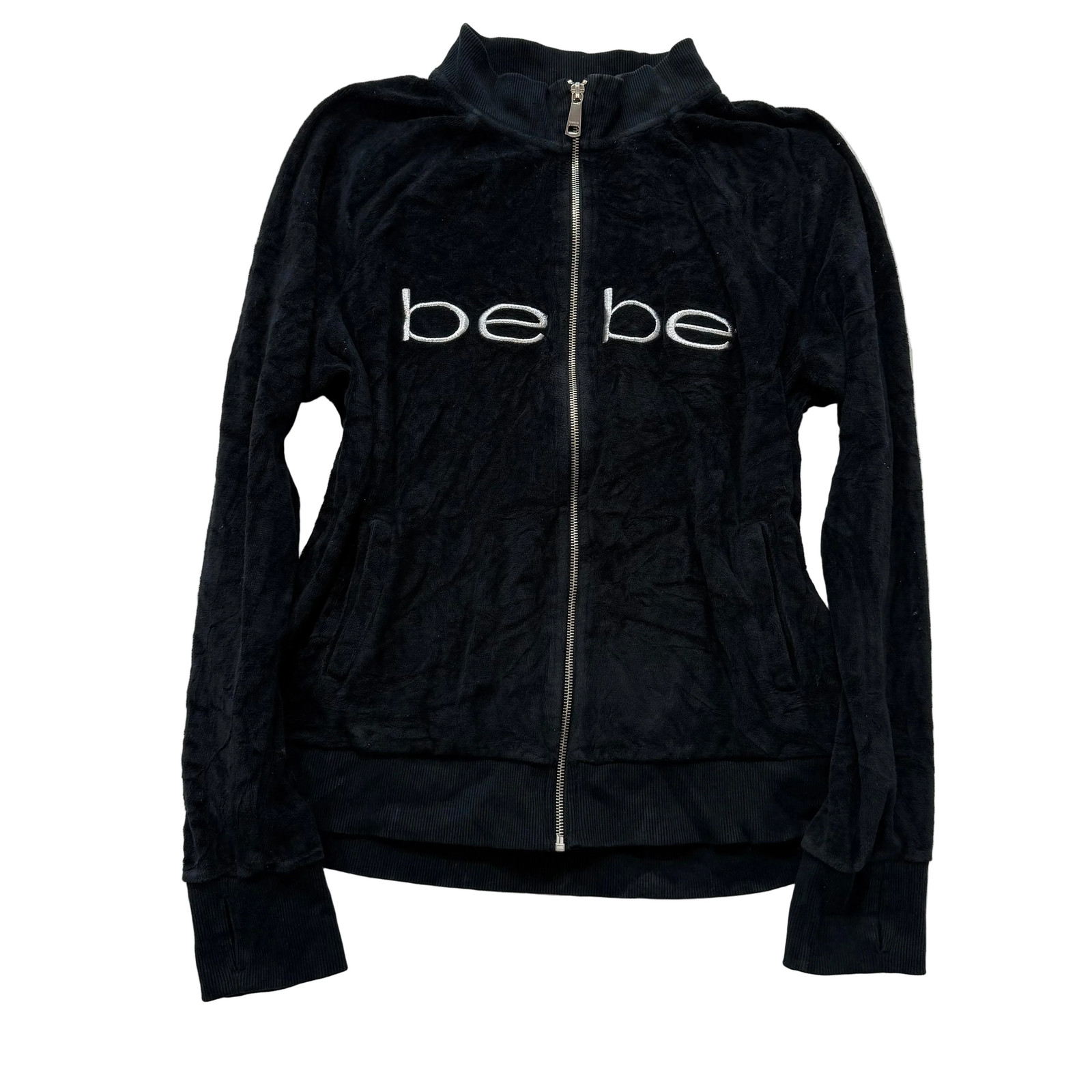 Bebe Women’s Black Velour Full Zip Track Jacket Mock Neck Pockets Logo Size L