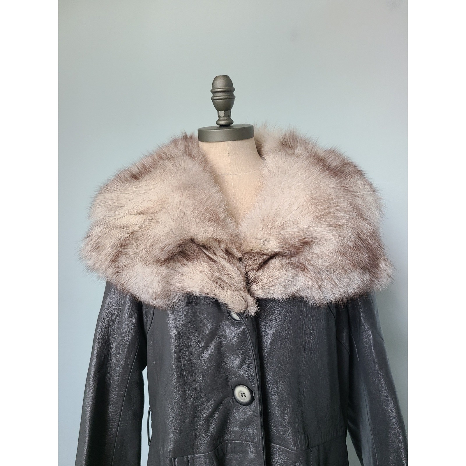 VTG 24K Leather Dan Di Modes Trench Coat Gray Rabbit Fur Collar 1970s Luxury