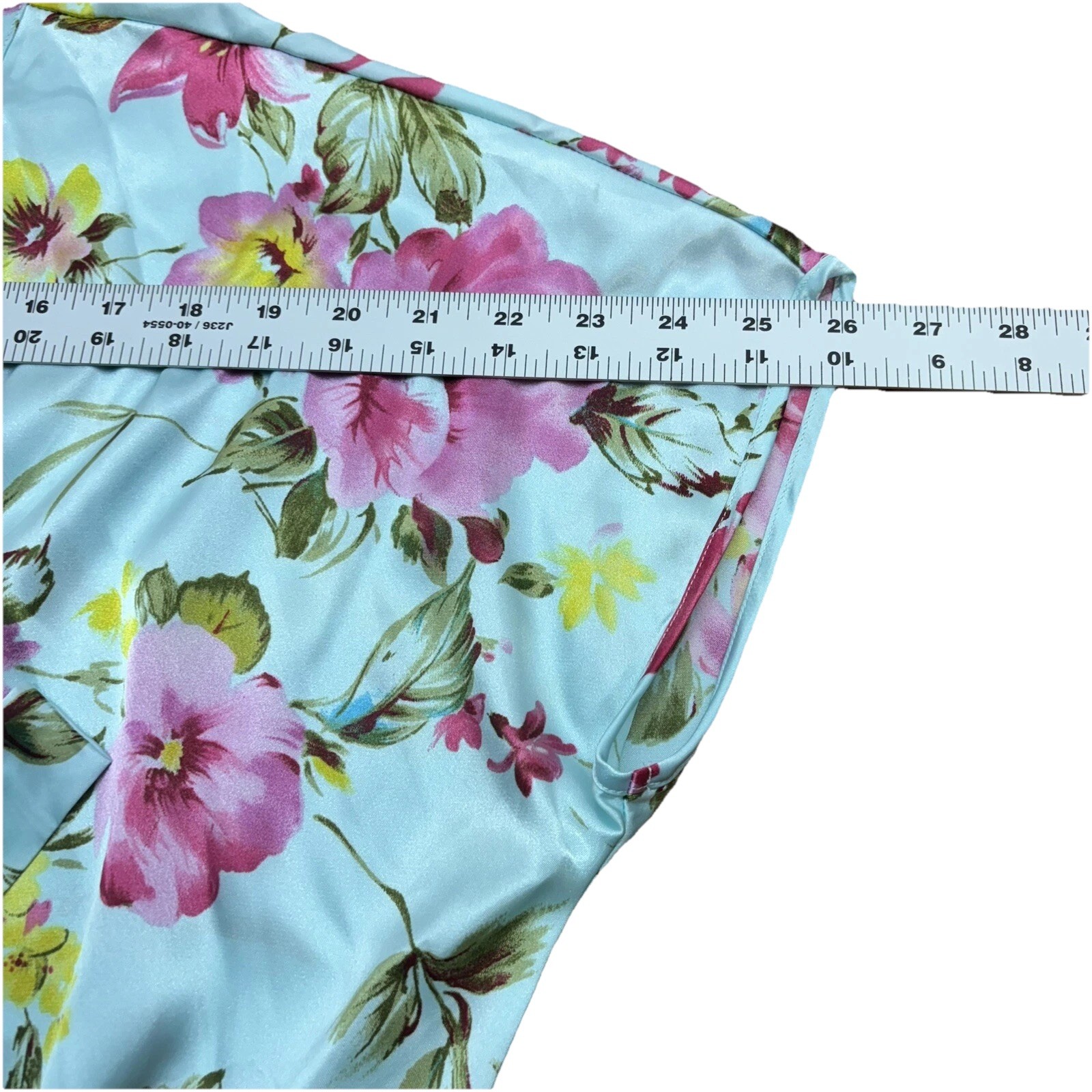 VTG LA Intimates Sz L Robe SS Kimono Wrap Blue Floral Romantic Garden Flowers
