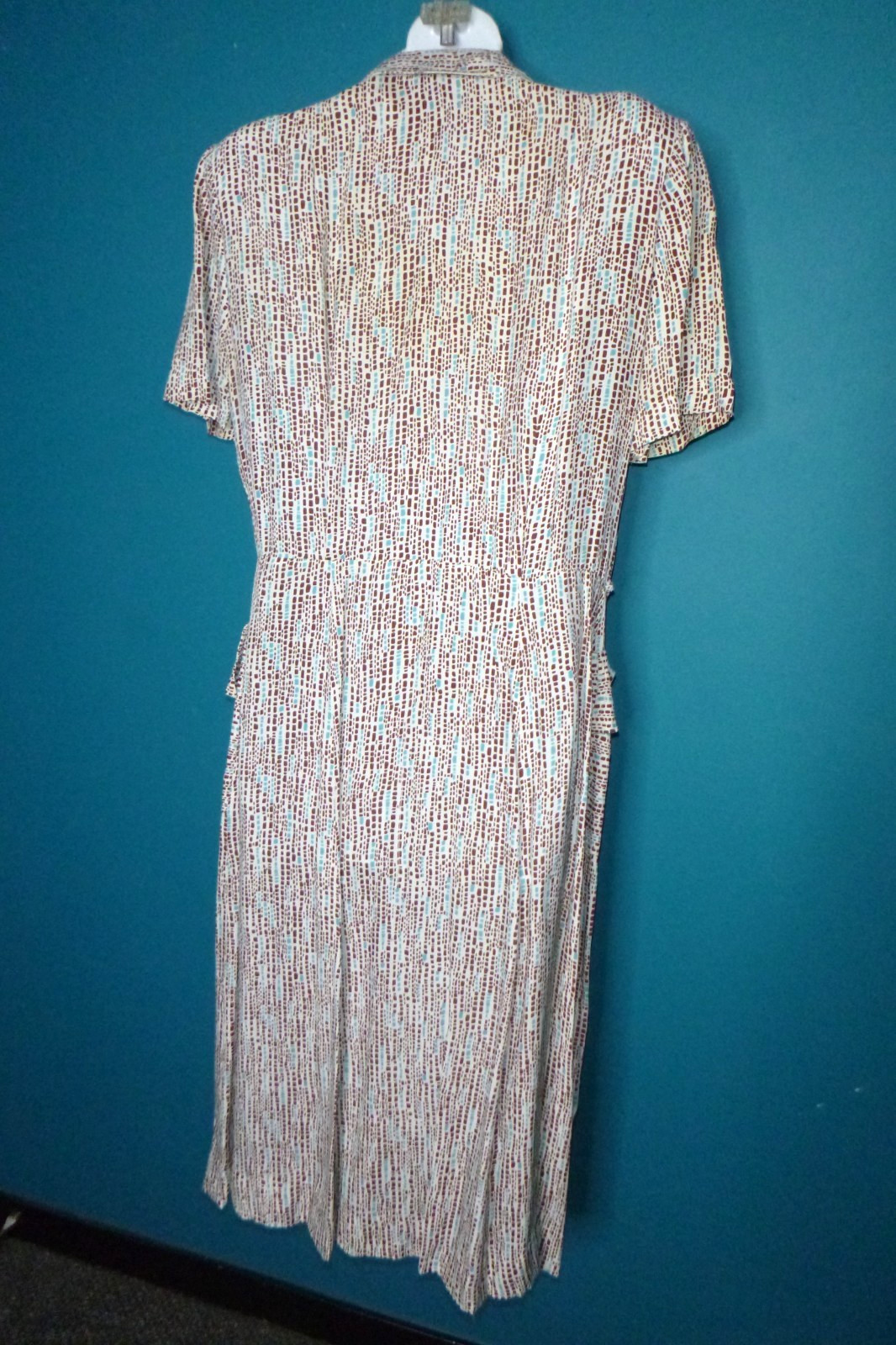 Vtg 40s 50s Cay Artley Rayon Shirt Dress Brown Aqua Geometric VOLUP Sz XL