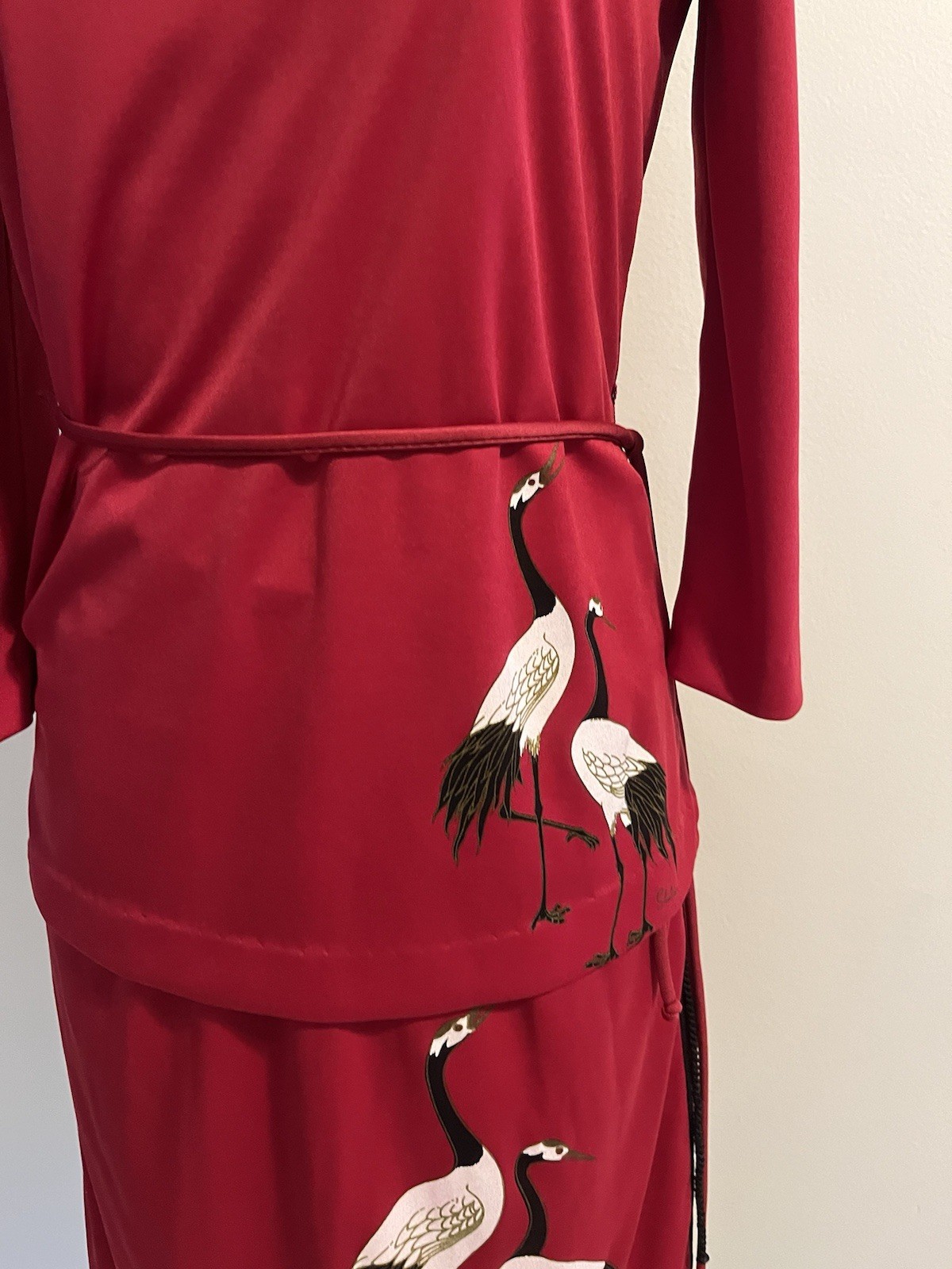 Miss Shaheen Hawaii 70s Crane Top & Skirt Set Black Trim Asian Print Birds