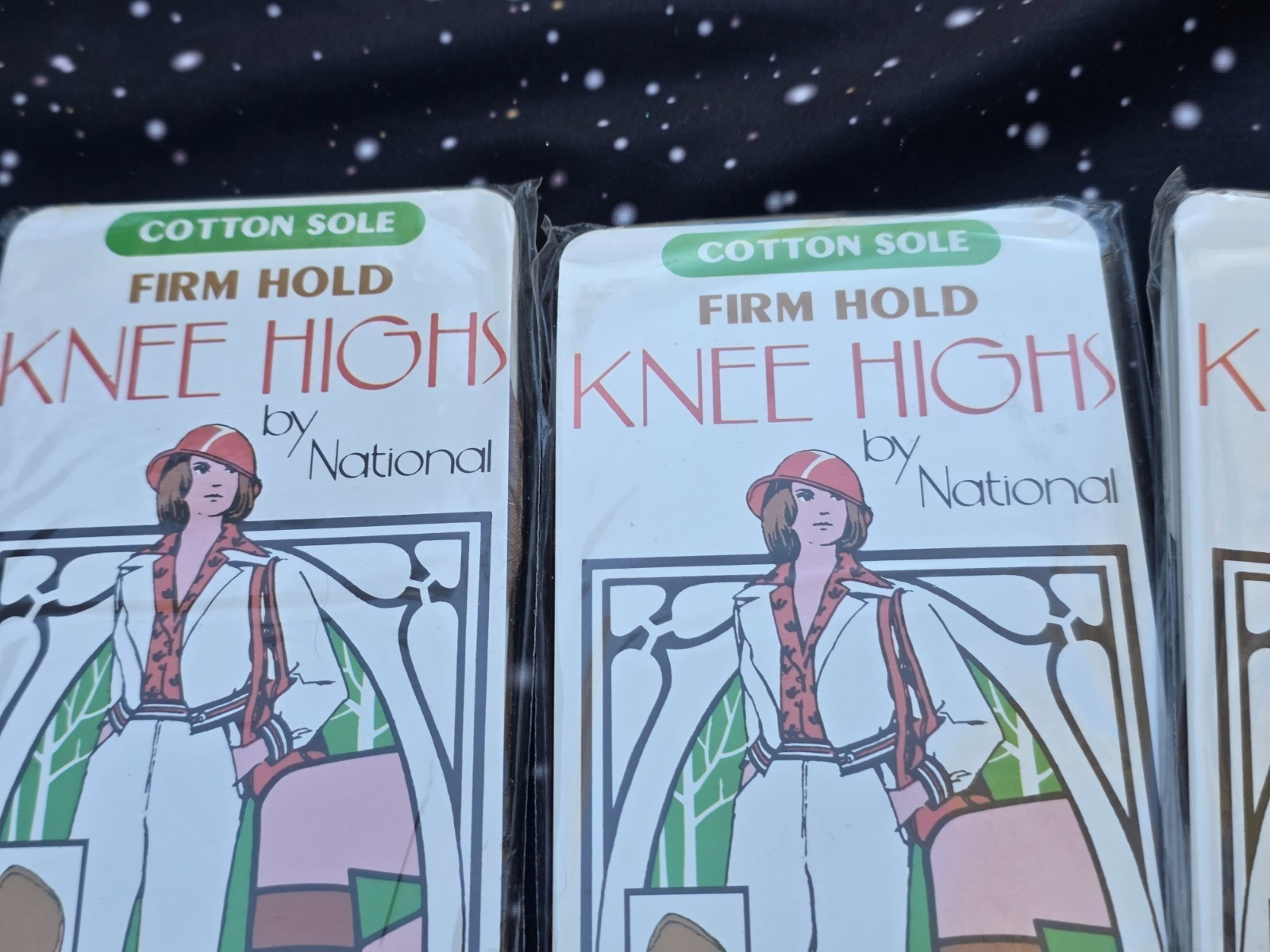 3 Vintage Beige/Tan Knee Highs by National COTTON SOLE FIRM HOLD Sealed NOS USA