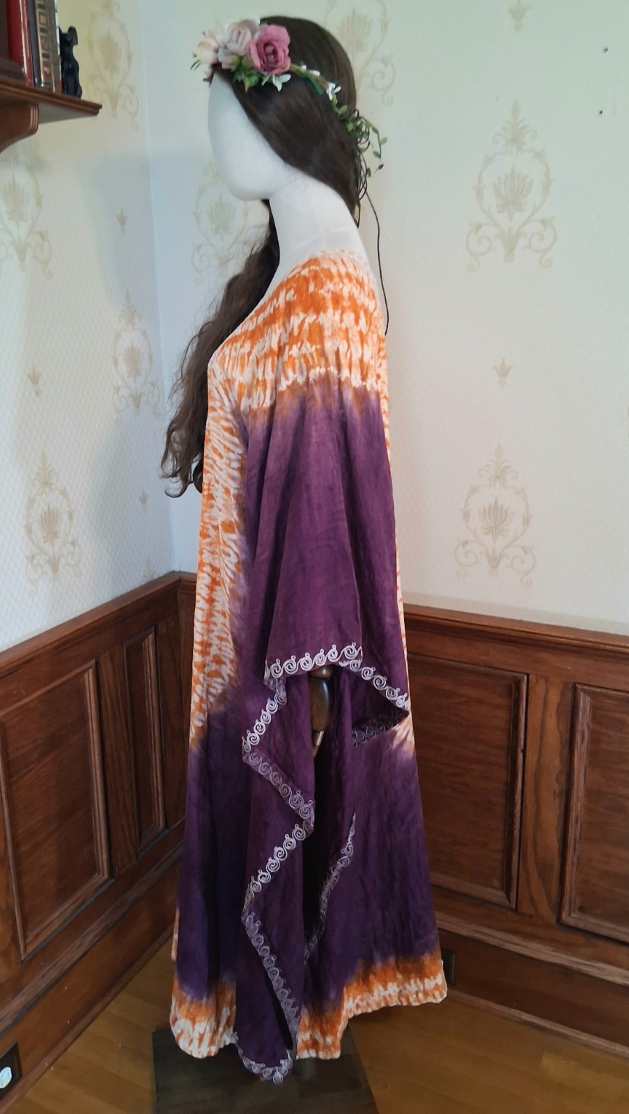Vintage 1970s Handmade Purple Orange Embroidered Tie-Dye Bohemian Hippie Caftan